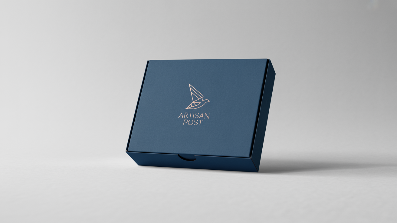 A photorealistic mockup of a closed, high-end navy blue mailer box with the brand 'Artisan Post' and a logo printed in copper foil, set against a plain white background.