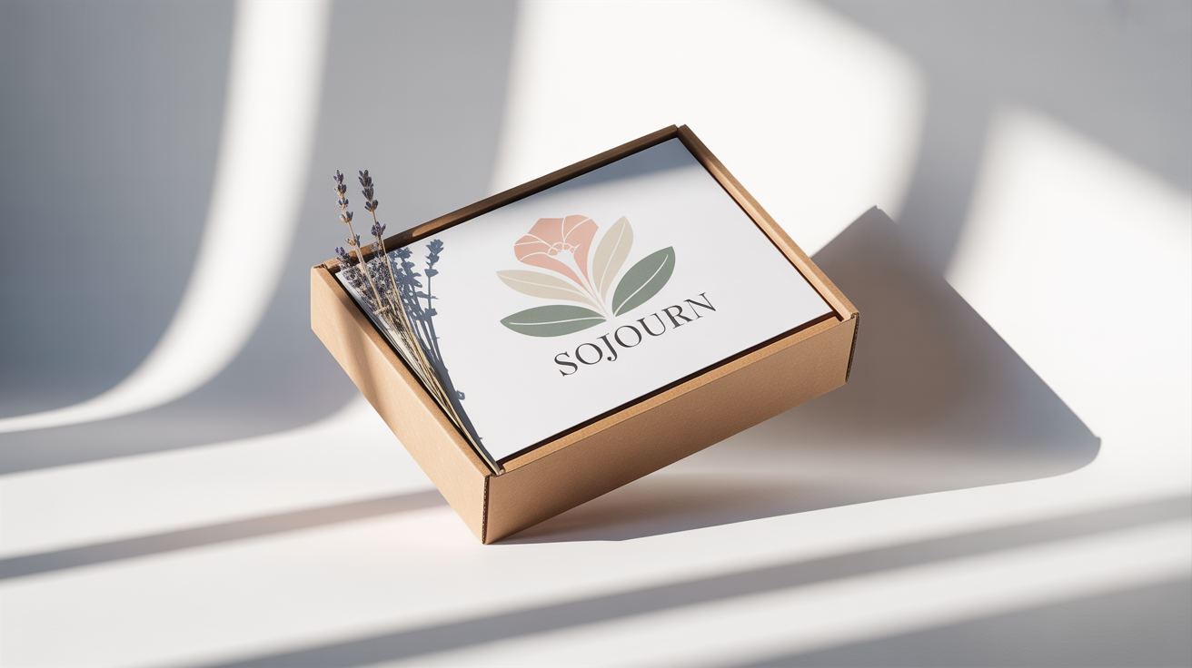 A professional product mockup of a chic, modern mailer box for the brand 'SOjourn', featuring a floral logo on a white background.