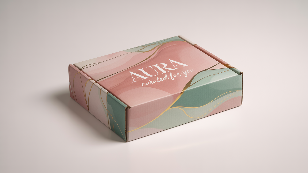 A professional mockup of a white mailer box with a modern design featuring pastel pink, mint green, and gold lines, with the brand name 'AURA' on top, set against a plain white background.