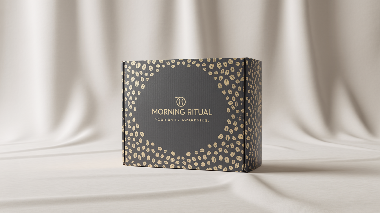 A luxurious, matte black mailer box with gold foil designs for the fictional coffee brand 'Morning Ritual', shown in a professional studio shot on a white background.