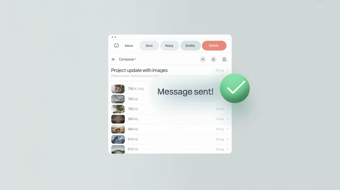 A mockup of an email client showing a successfully sent email with compressed image attachments. The file sizes are small, and a 'Message Sent!' notification with a green checkmark is prominently displayed, representing the result of an image compressor tool.
