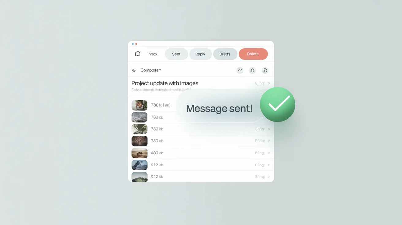 A mockup of an email client showing a successfully sent email with compressed image attachments. The file sizes are small, and a 'Message Sent!' notification with a green checkmark is prominently displayed, representing the result of an image compressor tool.