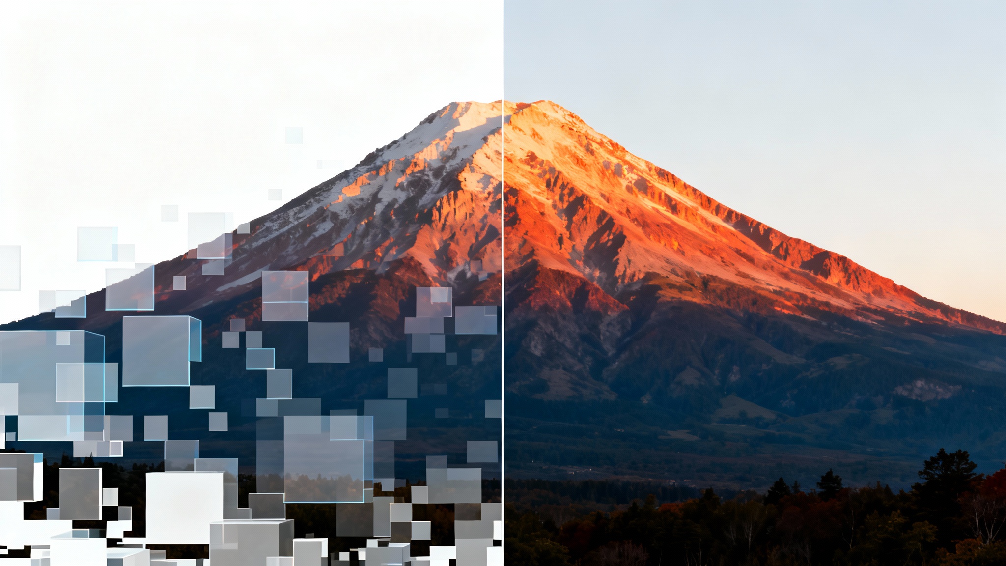 A conceptual image showing the effect of an image compressor. A mountain landscape photo is split in half: the left side is pixelated and blocky to represent a large file, while the right side is sharp and clear to represent a compressed, smaller file.