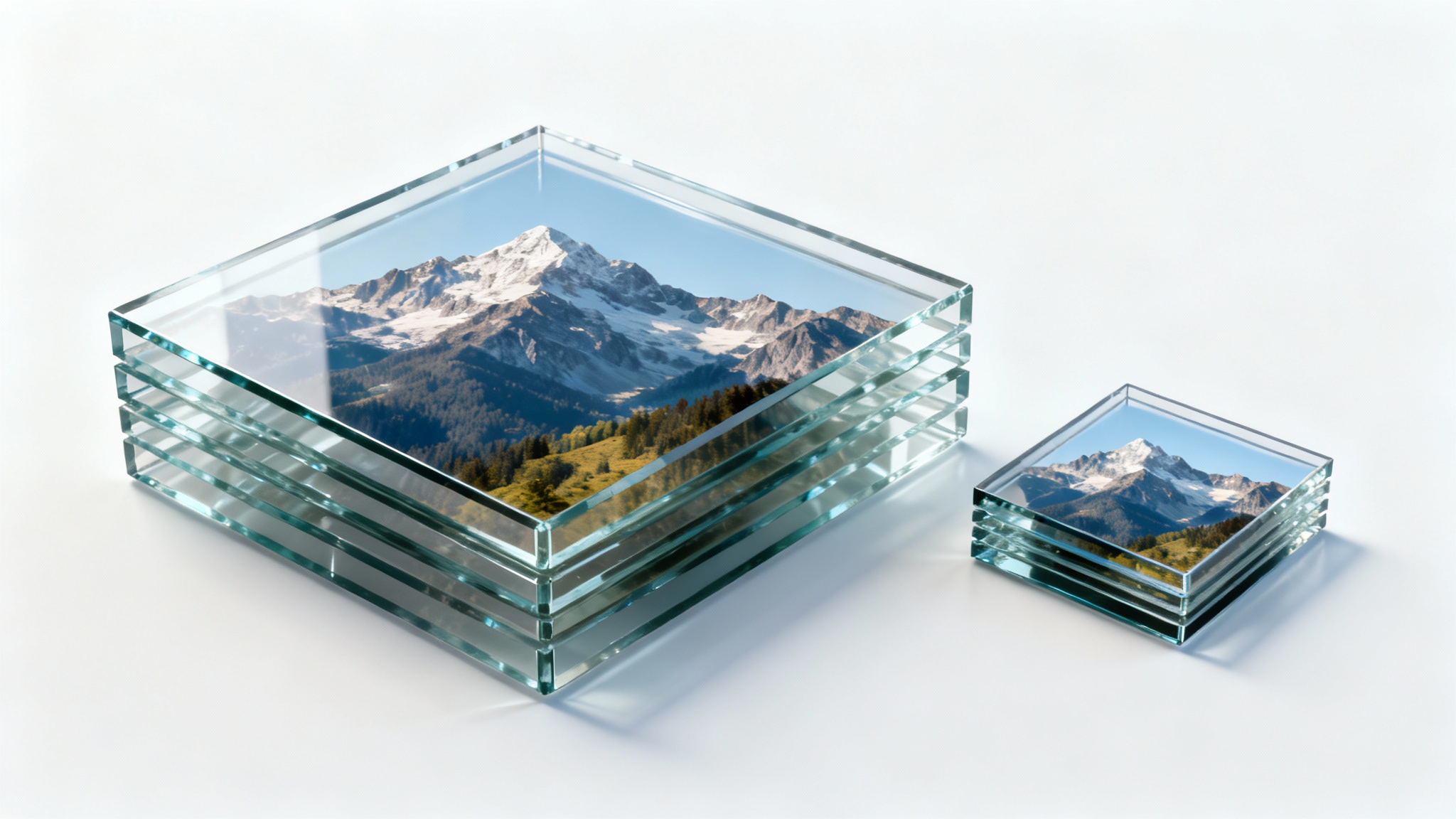 A conceptual image demonstrating file compression. A large stack of blocks representing a big file is shown next to a much smaller stack representing a compressed file, with both displaying the same high-quality mountain image.