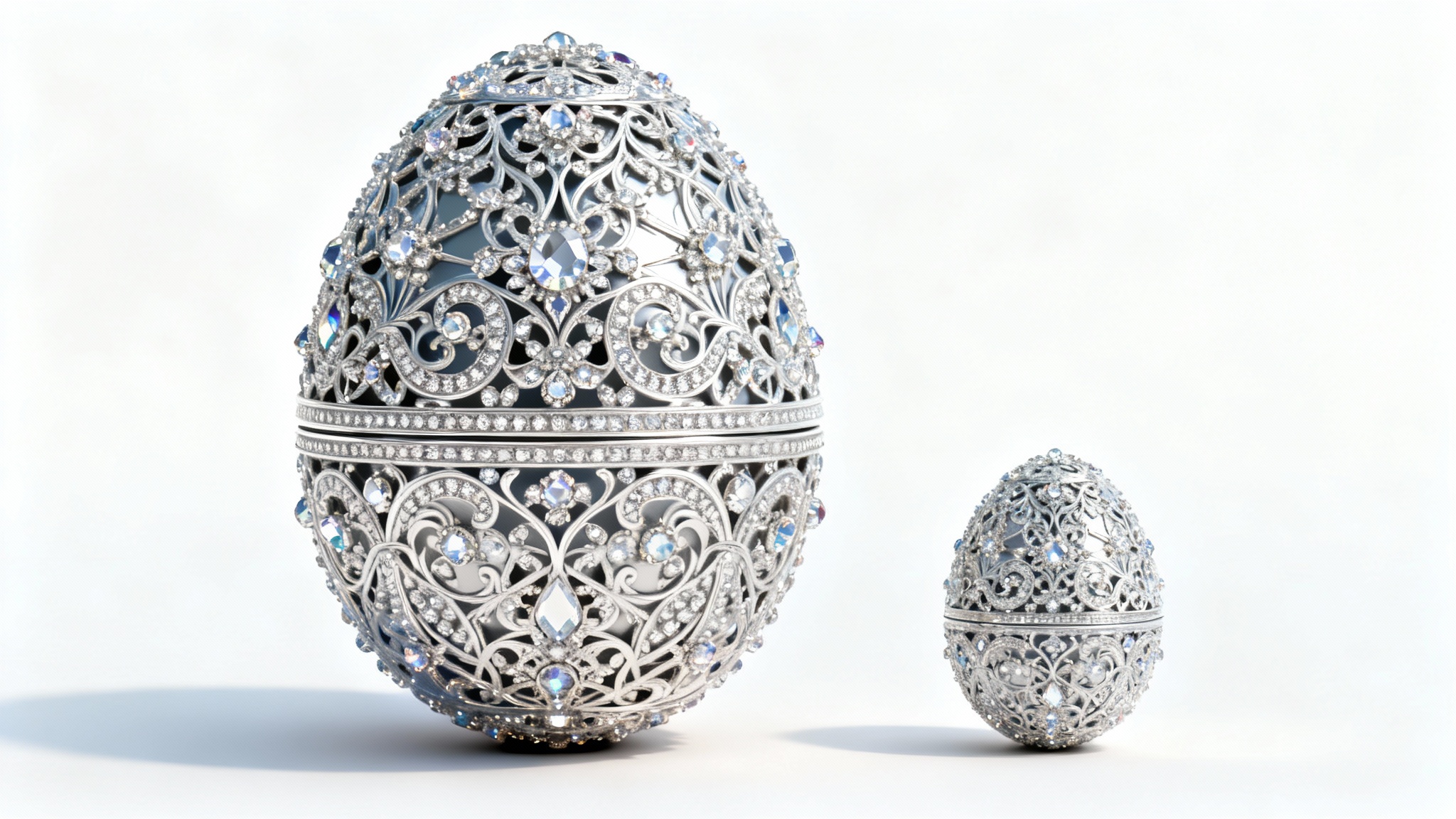 A visual metaphor for image compression, showing a large, detailed Faberge egg next to a much smaller, yet equally detailed version of itself against a white background.