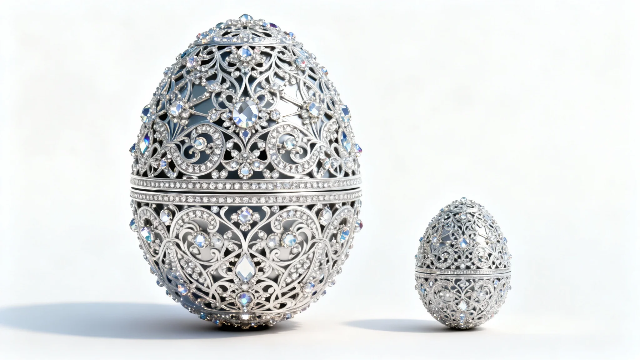 A visual metaphor for image compression, showing a large, detailed Faberge egg next to a much smaller, yet equally detailed version of itself against a white background.