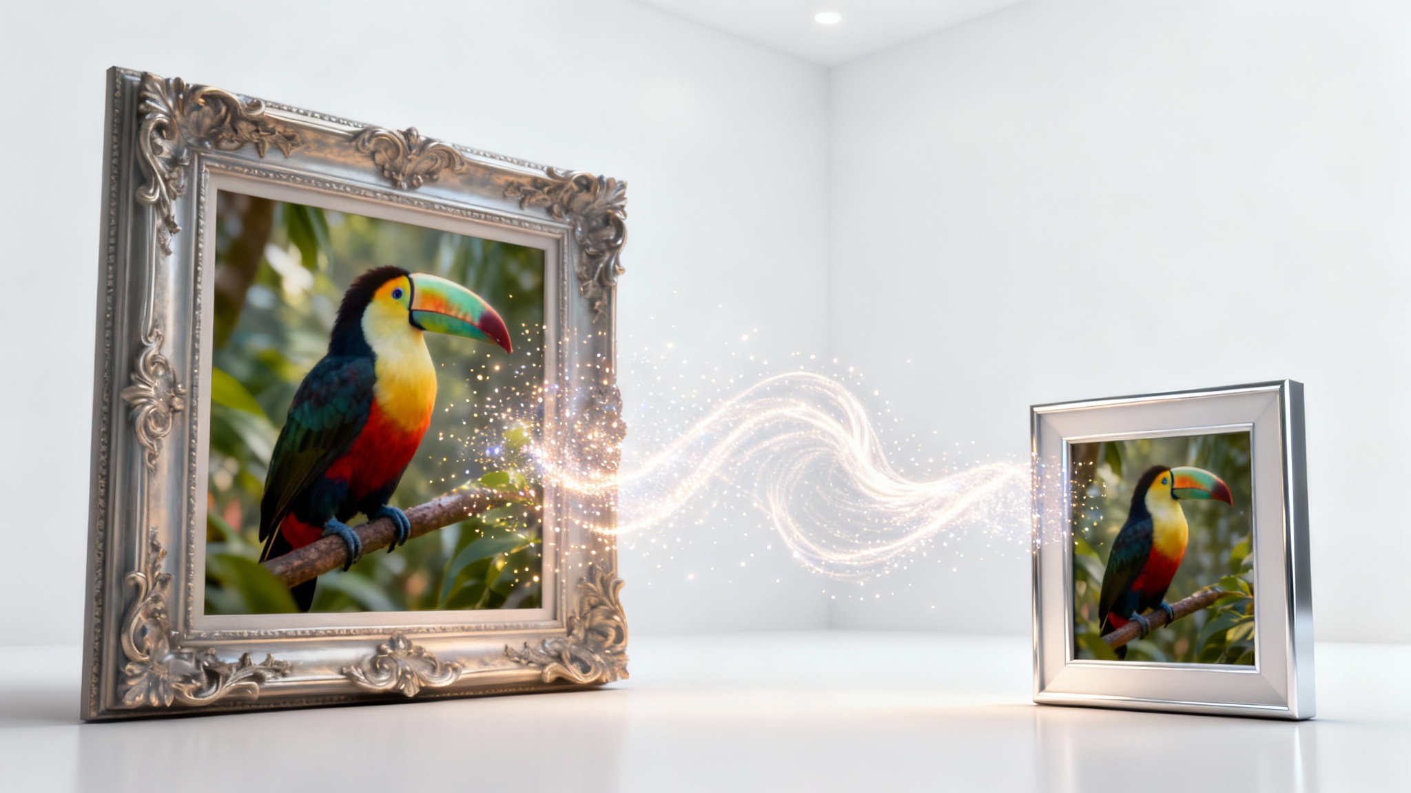A conceptual 3D rendering of image compression, showing a large, ornate photo frame being transformed into a small, sleek frame without any loss of image quality, set against a white background.