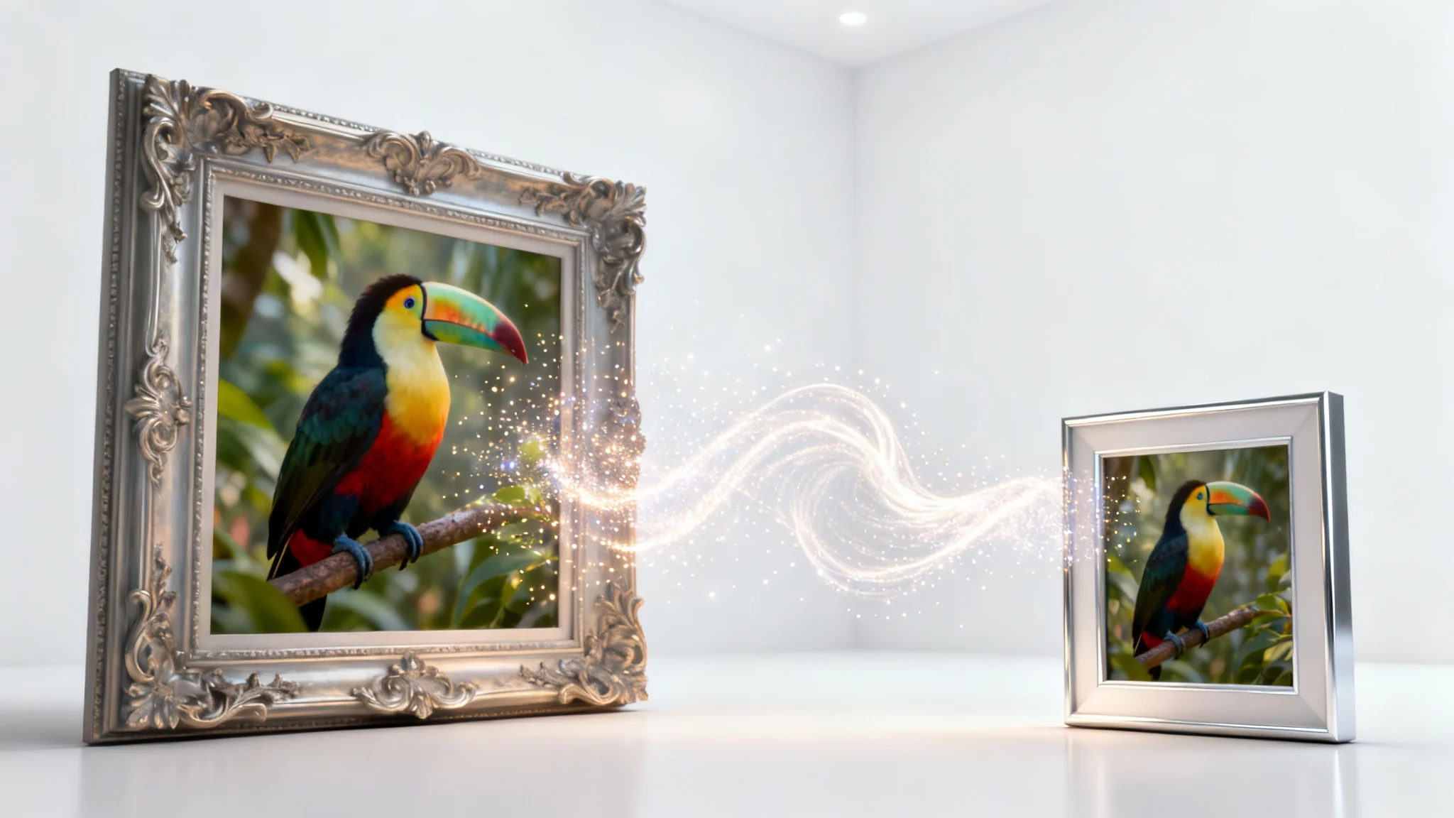 A conceptual 3D rendering of image compression, showing a large, ornate photo frame being transformed into a small, sleek frame without any loss of image quality, set against a white background.
