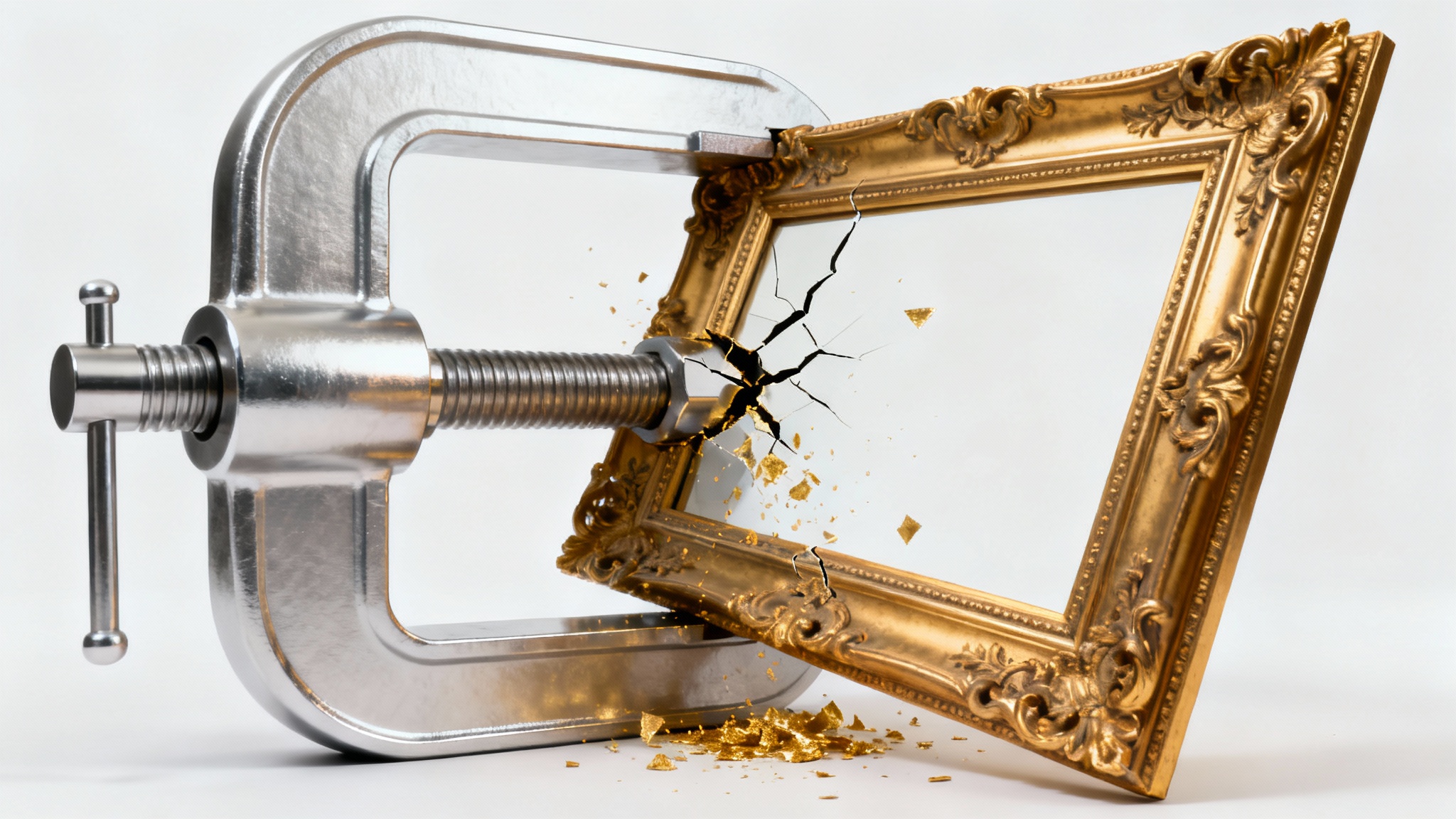 A conceptual image representing image compression, showing a large, ornate golden frame being squeezed and compressed in a metal vise against a white background.