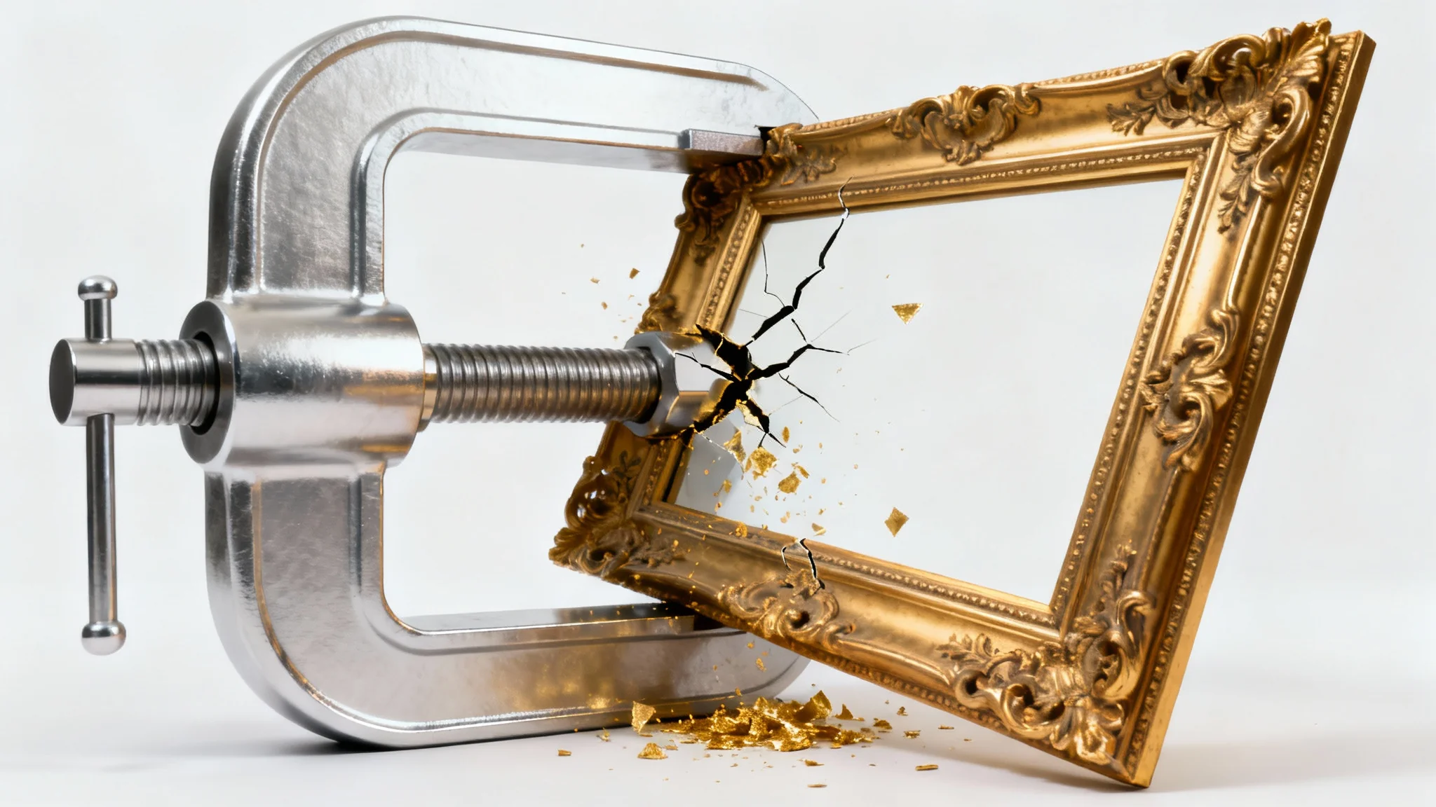 A conceptual image representing image compression, showing a large, ornate golden frame being squeezed and compressed in a metal vise against a white background.