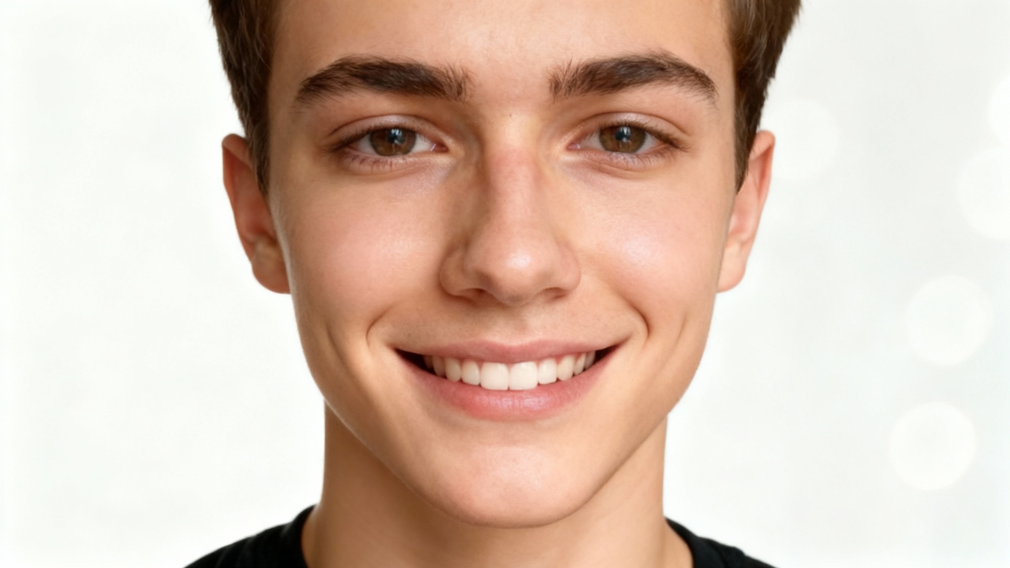 A close-up hero image of a smiling young adult with perfectly clear and smooth skin, demonstrating the result of a photo acne removal tool.
