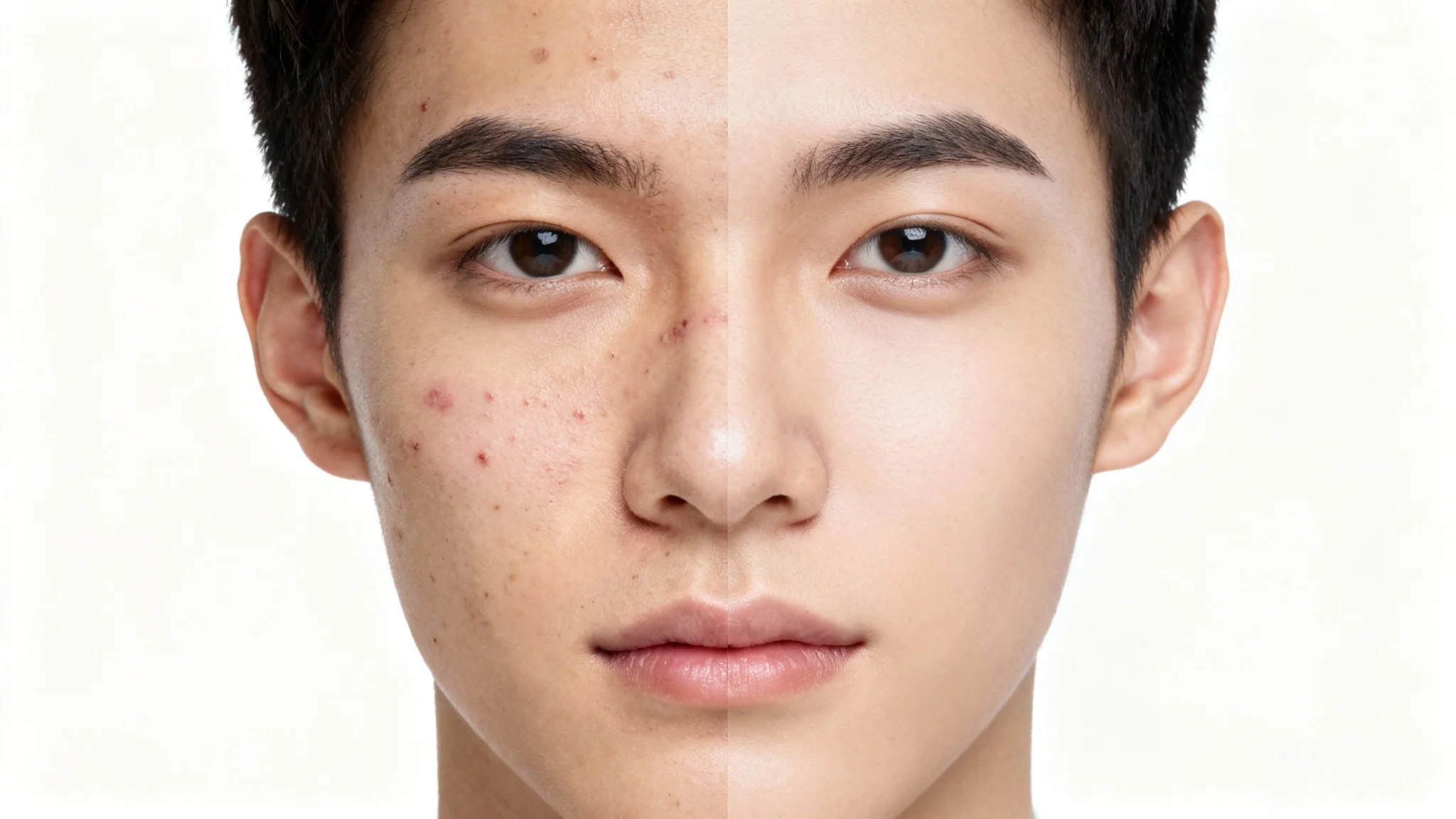 A split image showing a before-and-after comparison of a person's face. The left side shows skin with acne, and the right side shows the same face with clear and smooth skin, demonstrating the effect of acne removal.