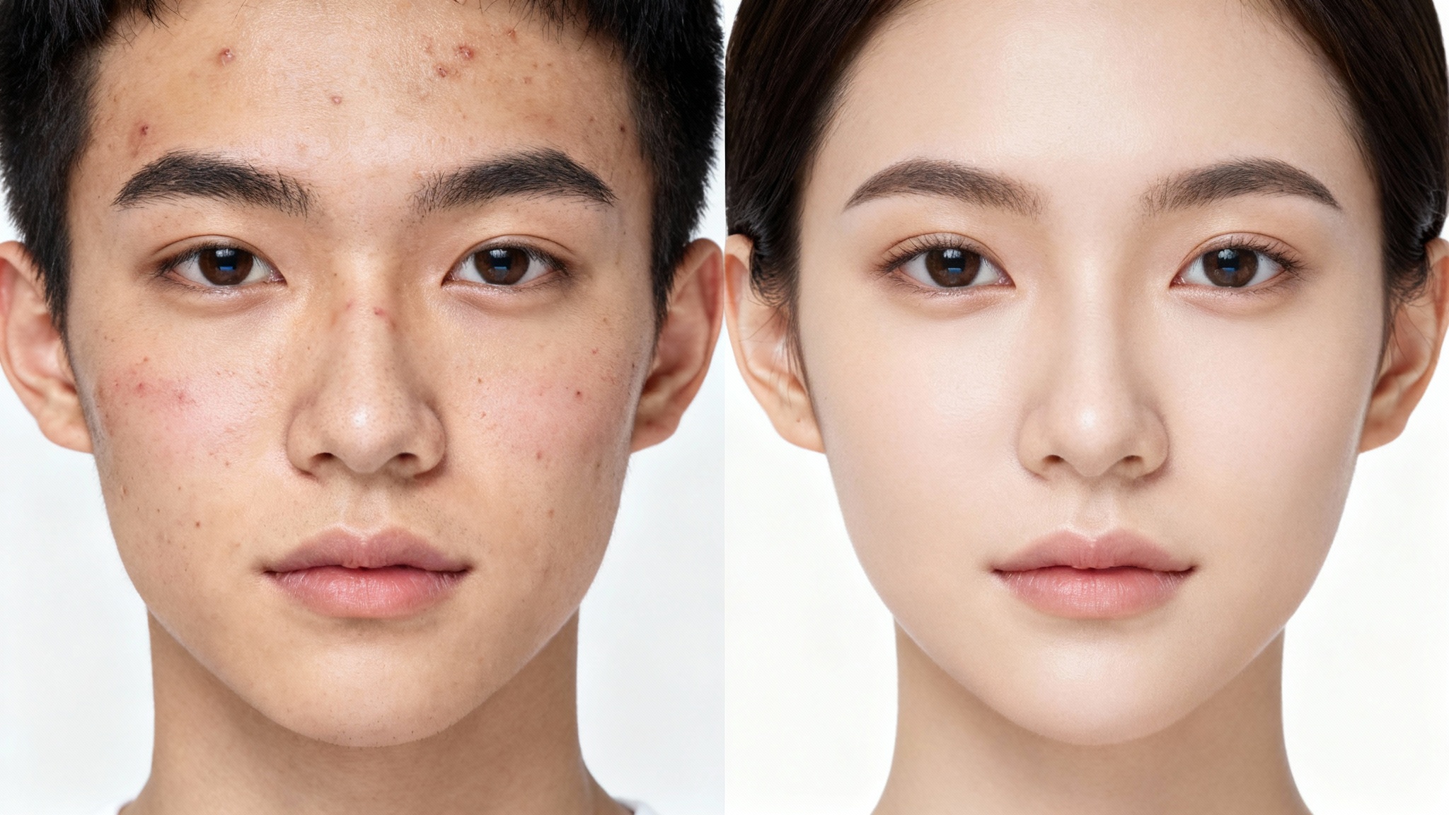 A before and after comparison image. The left side shows a person's face with acne, and the right side shows the same face with clear, smooth skin, demonstrating an acne removal effect.