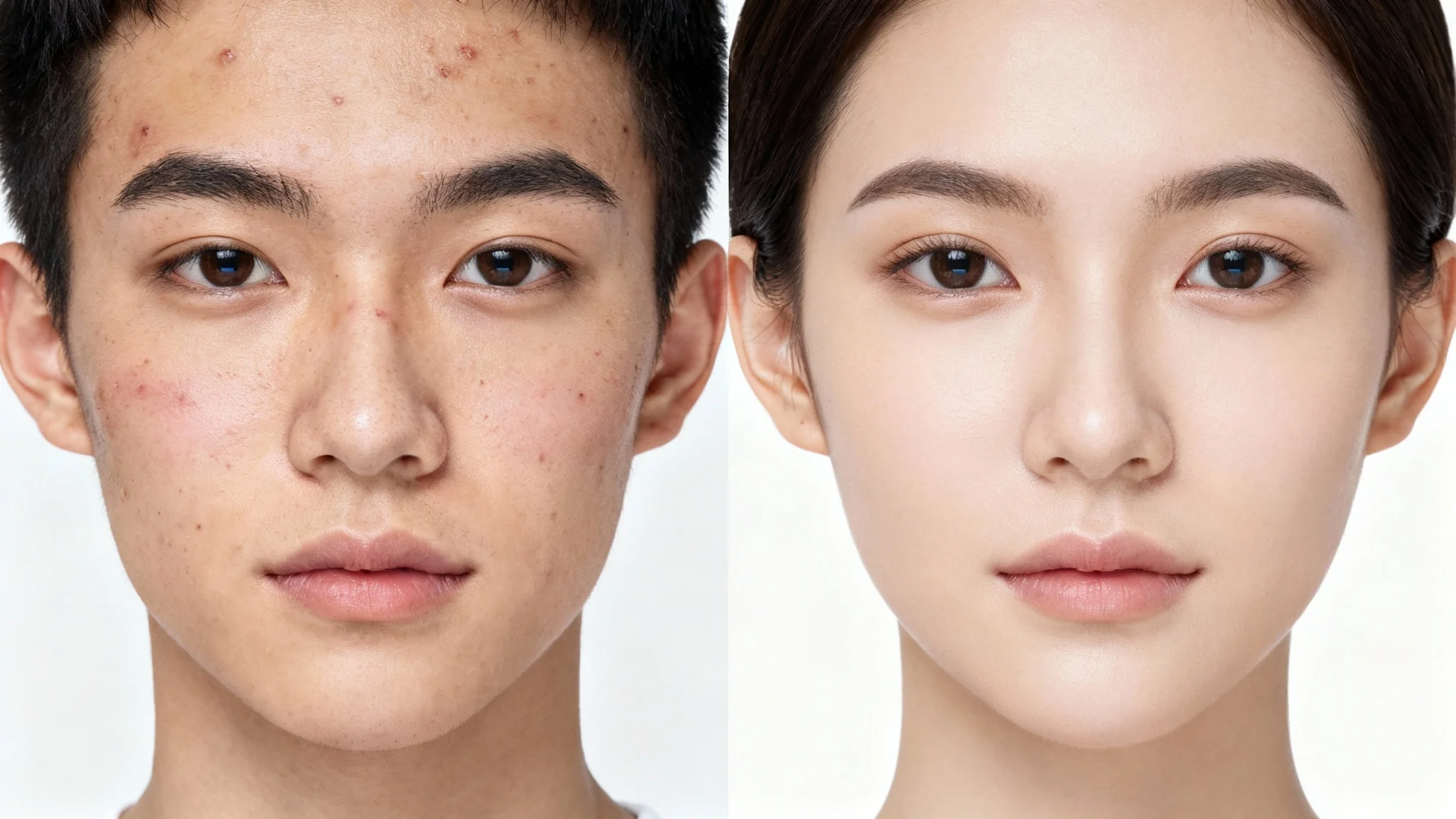 A before and after comparison image. The left side shows a person's face with acne, and the right side shows the same face with clear, smooth skin, demonstrating an acne removal effect.
