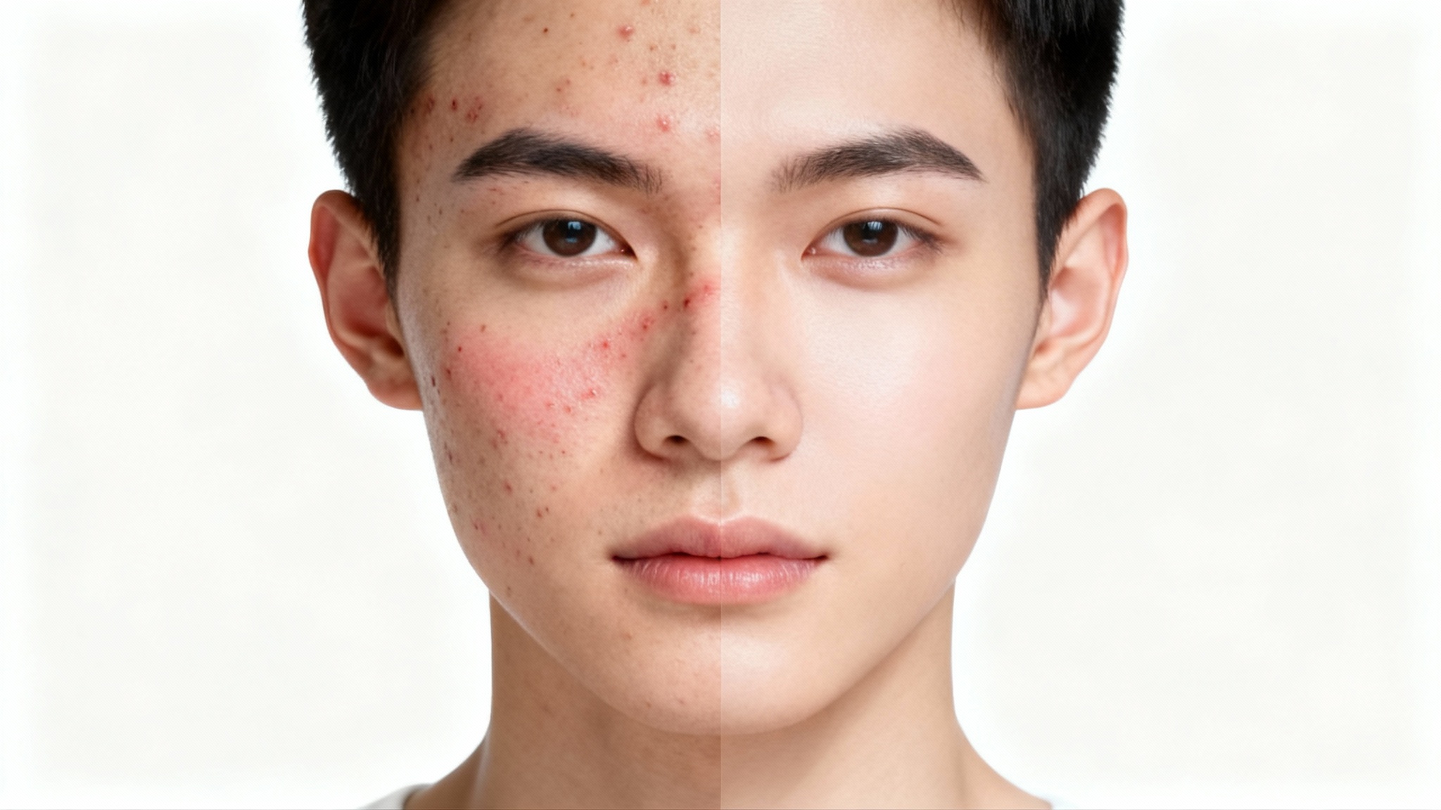 A close-up portrait illustrating acne removal, with one side of the face showing blemishes and the other side showing perfectly clear, smooth skin against a white background.