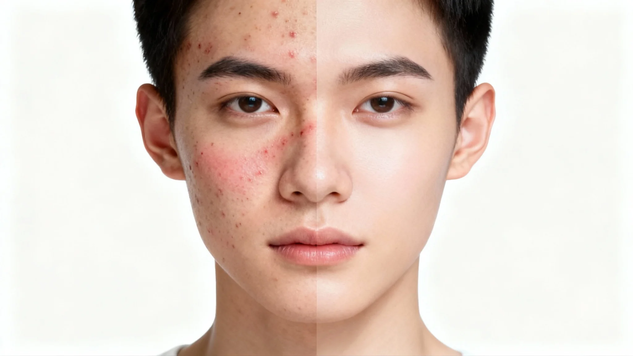 A close-up portrait illustrating acne removal, with one side of the face showing blemishes and the other side showing perfectly clear, smooth skin against a white background.