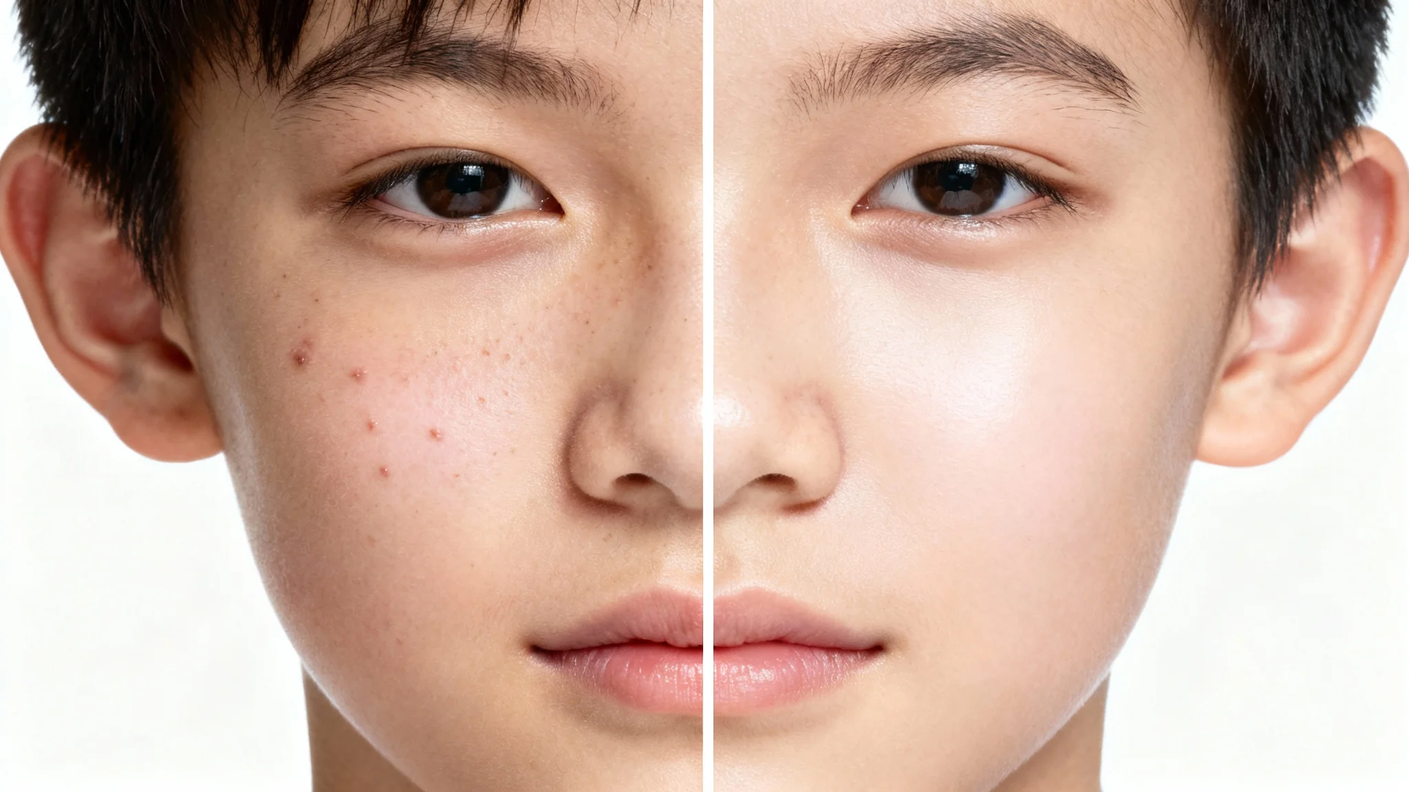 A before-and-after image showing a close-up of a person's face. The left side has visible acne, while the right side shows the same face with clear, smooth skin, demonstrating an acne removal effect.