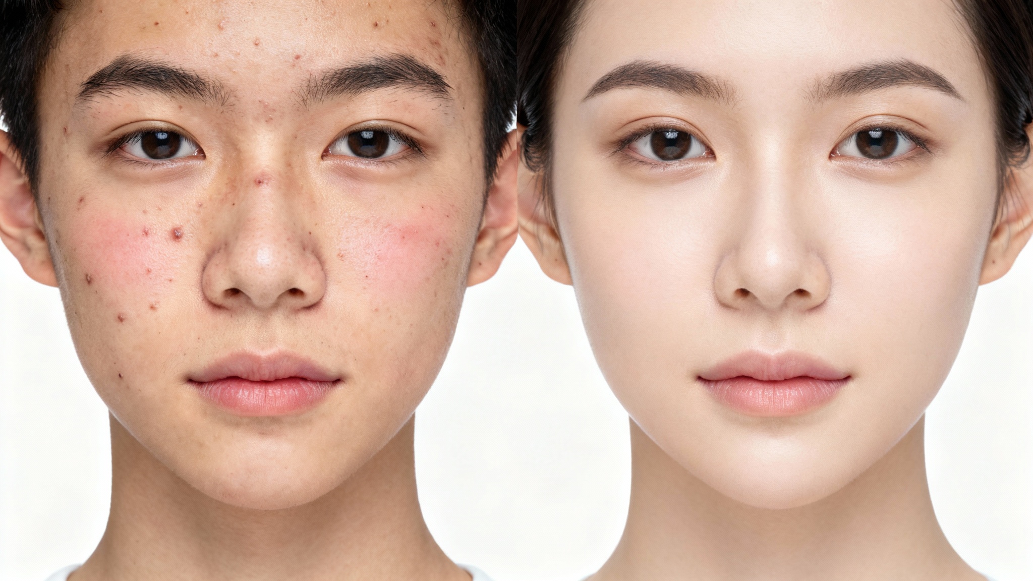 A split-screen 'before and after' image. The left half shows a person's face with acne, and the right half shows the same face with clear, smooth skin, demonstrating the effect of an acne removal tool.