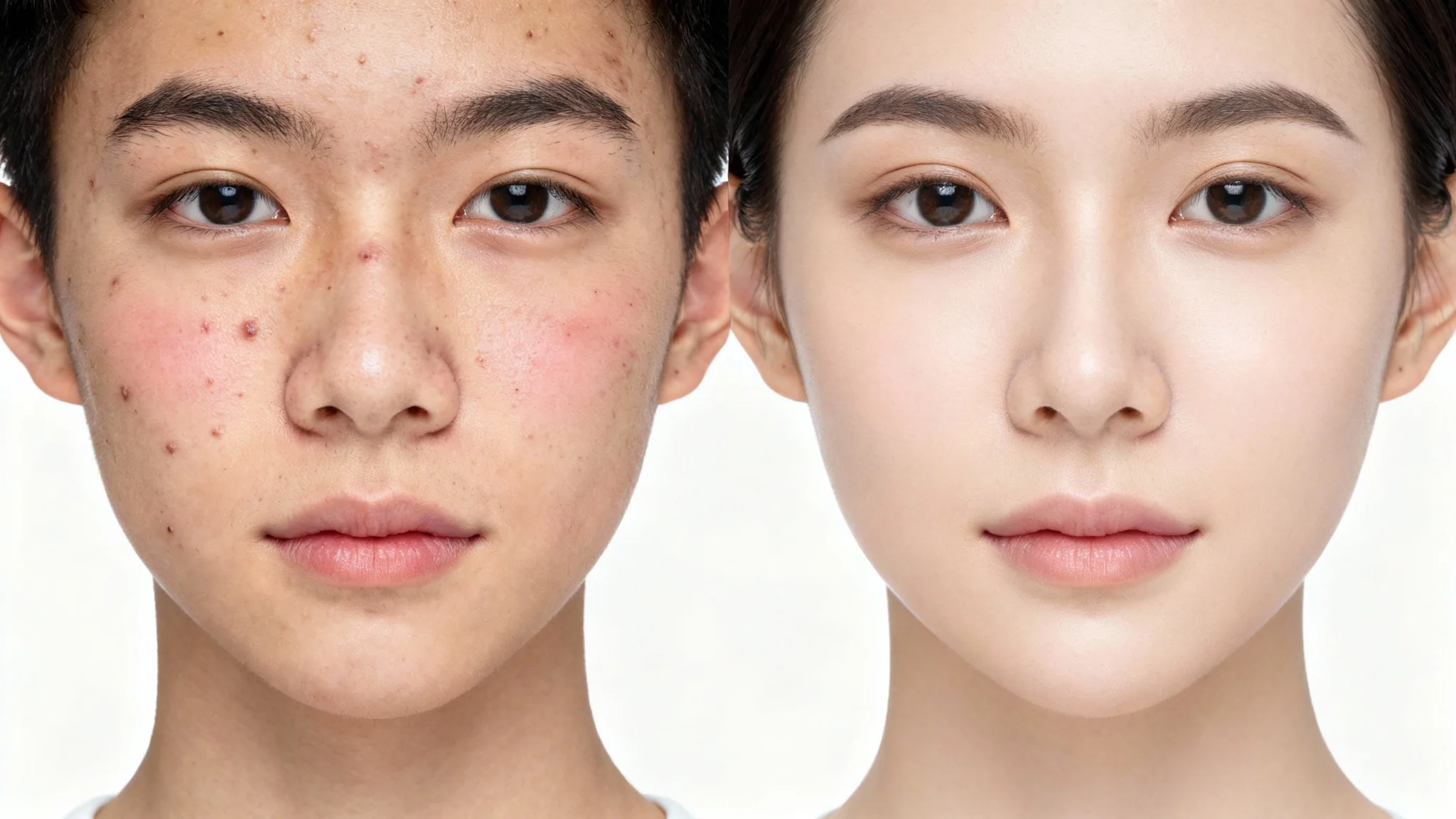 A split-screen 'before and after' image. The left half shows a person's face with acne, and the right half shows the same face with clear, smooth skin, demonstrating the effect of an acne removal tool.