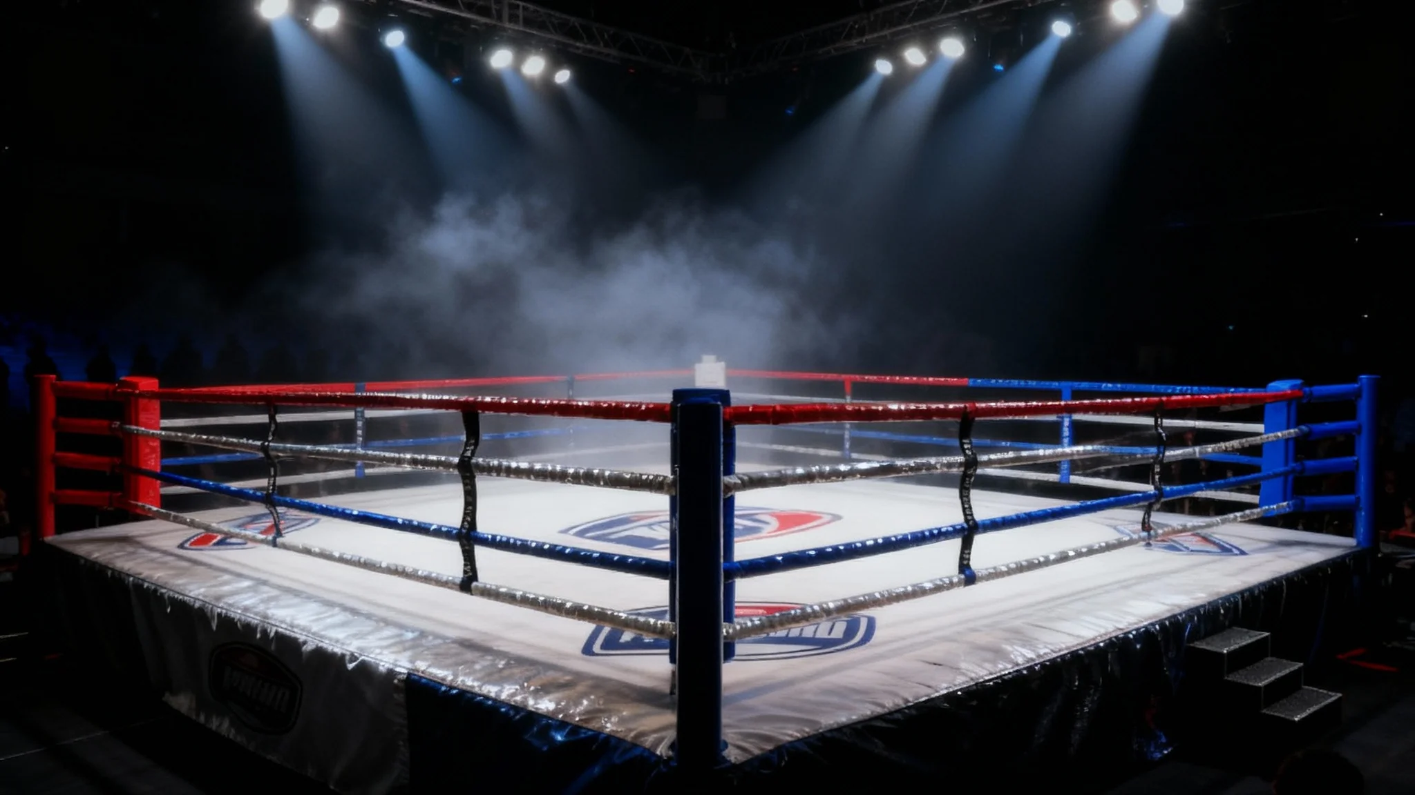 A dramatic, cinematic hero image of an empty boxing ring, viewed from a low angle. Bright spotlights shine down, creating beams of light in a hazy arena, highlighting the red and blue ropes and the empty canvas, ready for a fight.