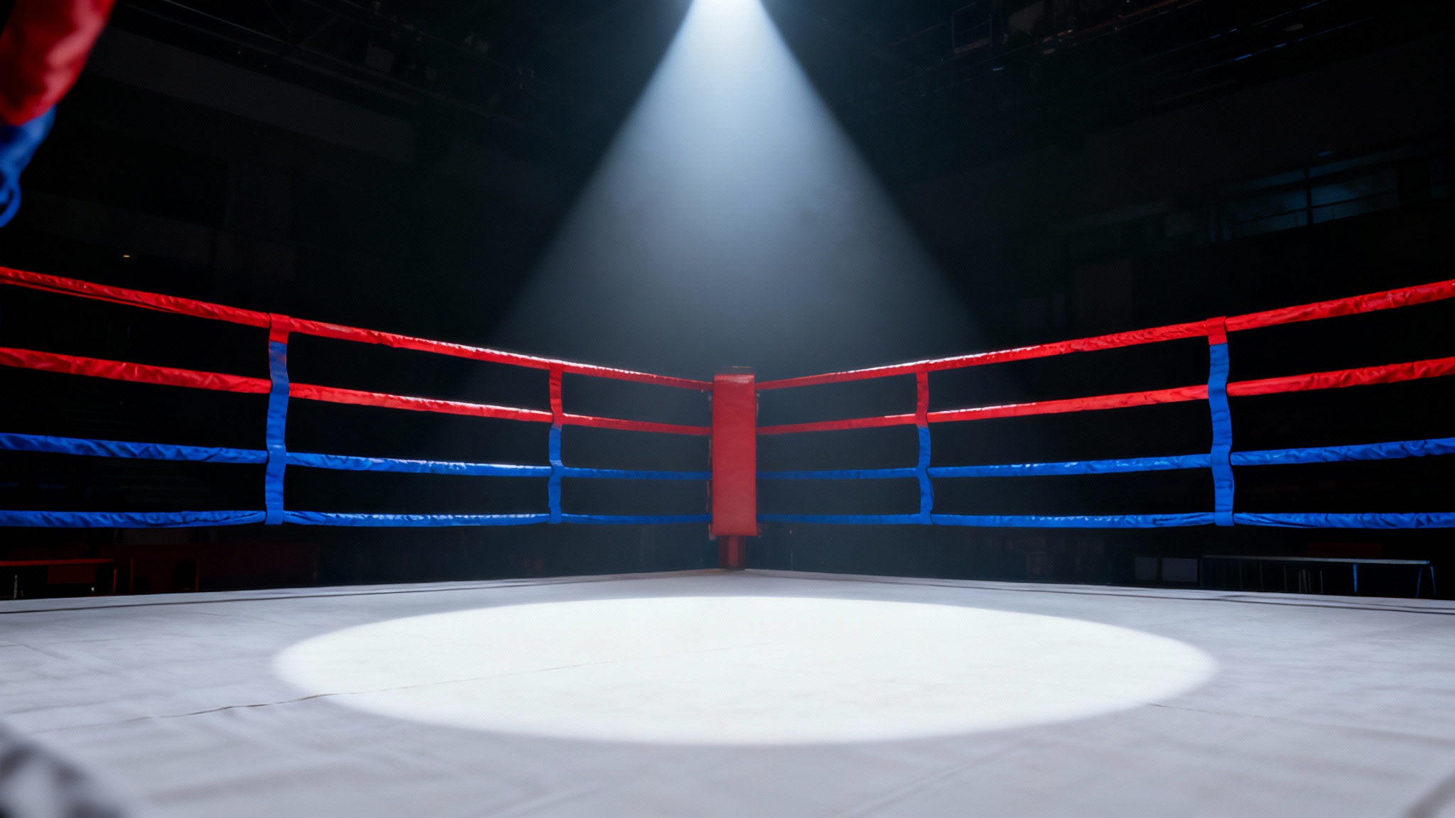 A dramatic, cinematic photo of an empty boxing ring illuminated by a single spotlight from above, with taut red and blue ropes, set against a dark, empty background.