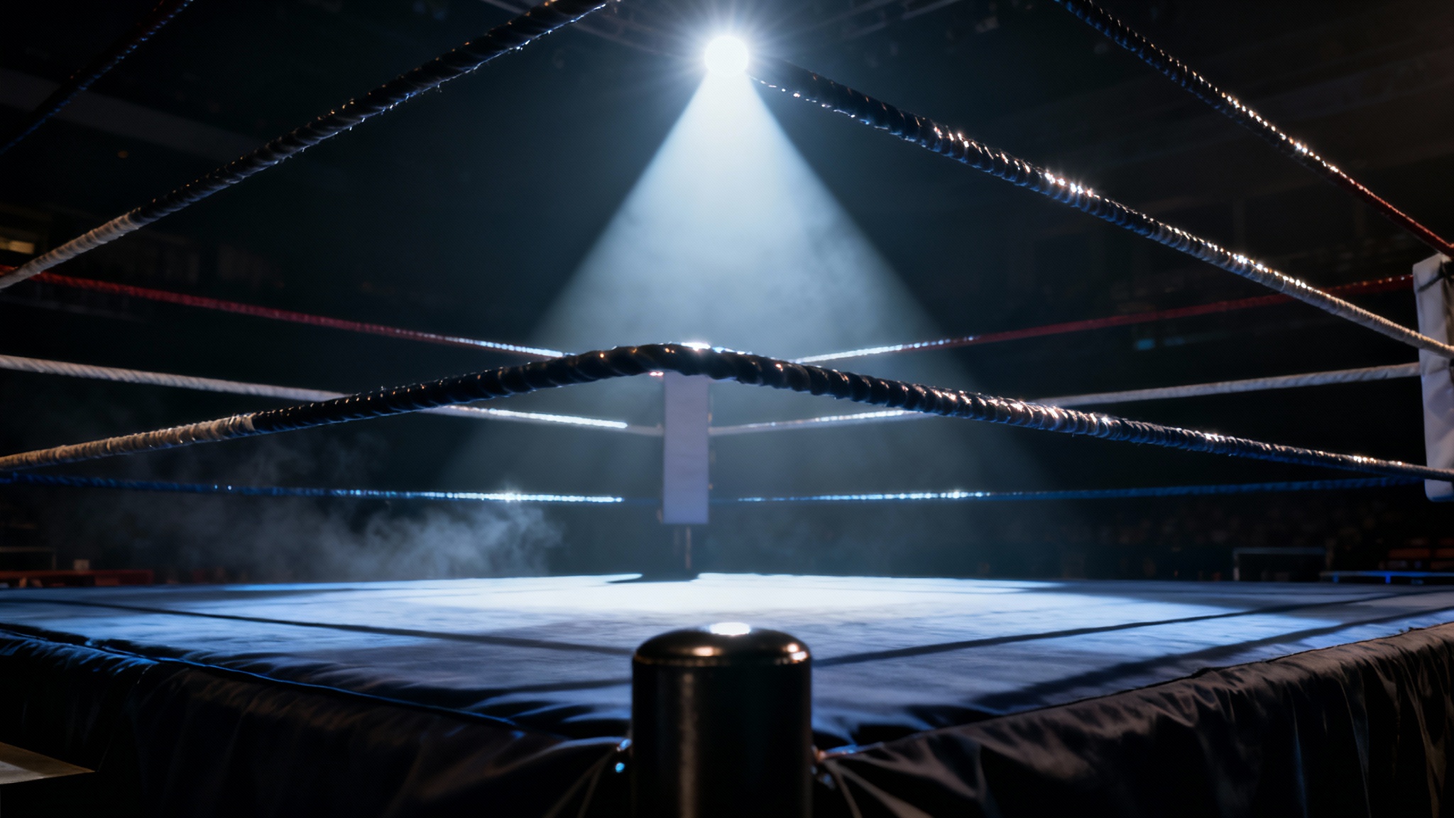 A dramatic, low-angle shot of an empty boxing ring under a single spotlight, with a dark, hazy arena in the background, creating a sense of anticipation.