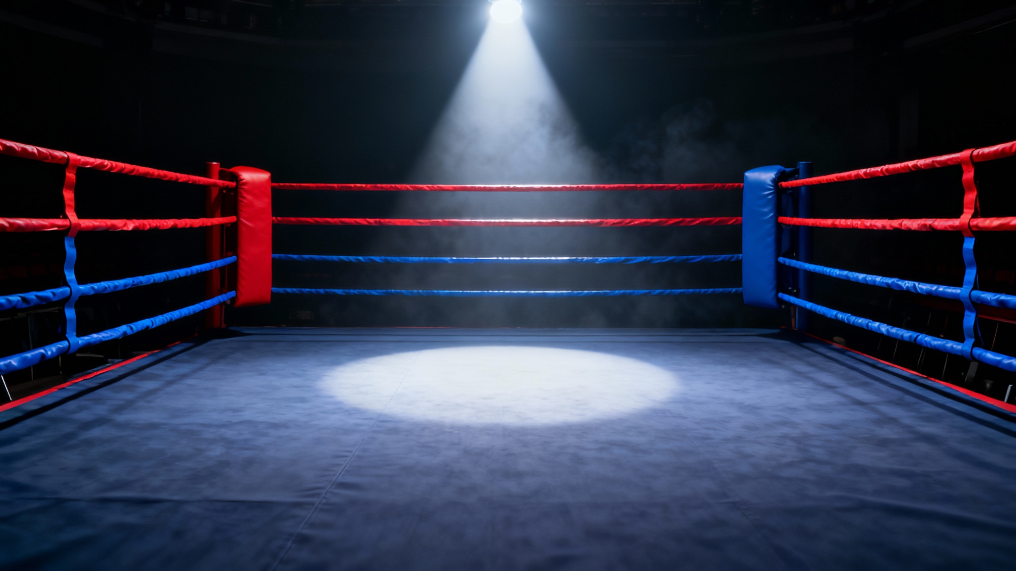 A dramatic, photorealistic image of an empty boxing ring illuminated by a single spotlight against a dark, hazy background, evoking a sense of anticipation.