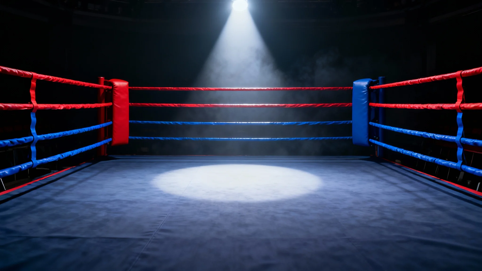 A dramatic, photorealistic image of an empty boxing ring illuminated by a single spotlight against a dark, hazy background, evoking a sense of anticipation.