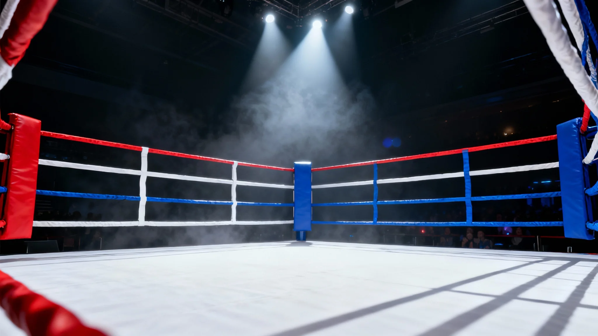 An empty, professional boxing ring brightly lit by spotlights in the center of a dark and hazy arena, creating a dramatic and expectant atmosphere.