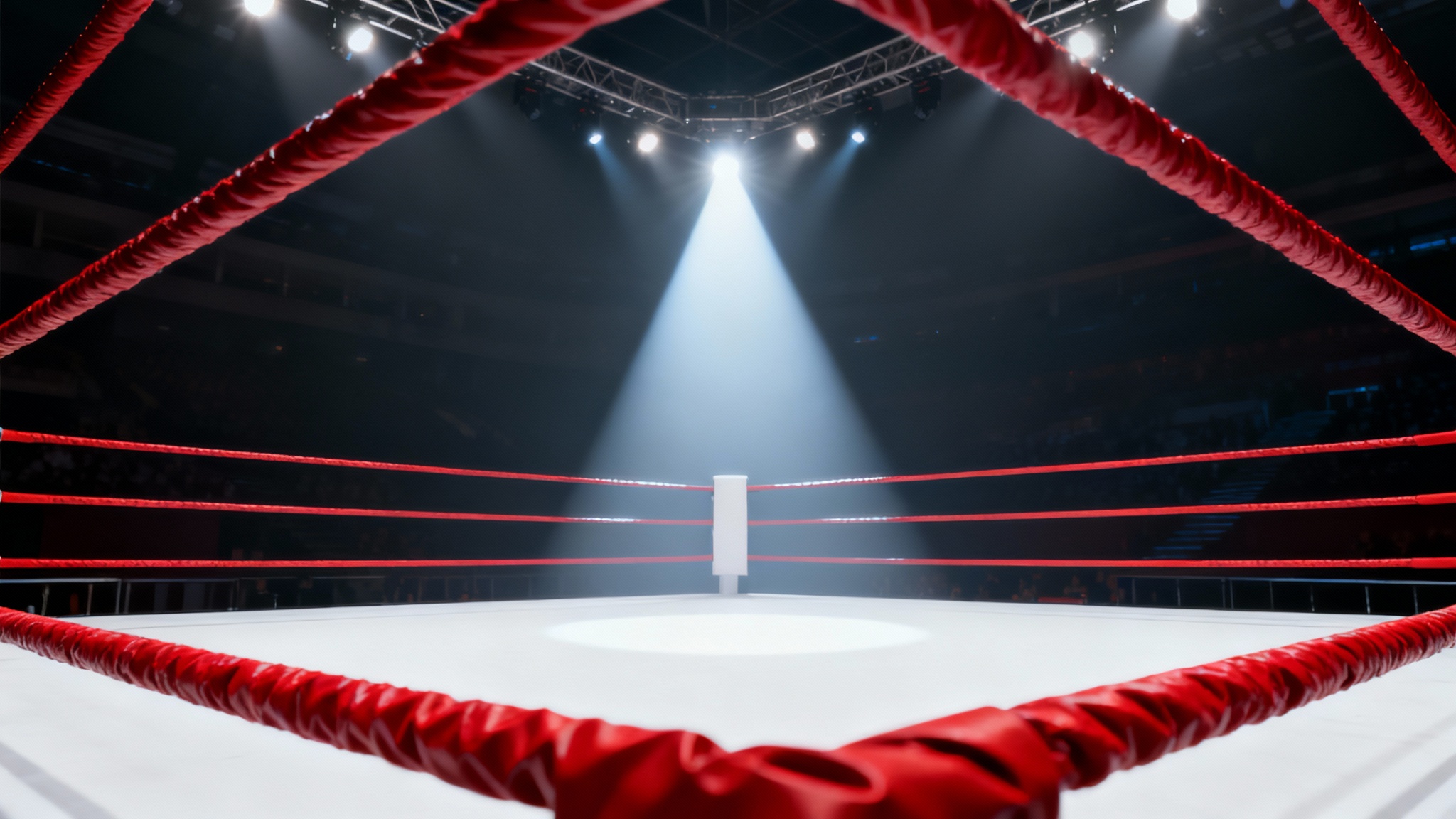 A dramatic, low-angle view of an empty, spotlit professional boxing ring with red ropes, set against a dark, blurry arena background, presented on a clean white backdrop.
