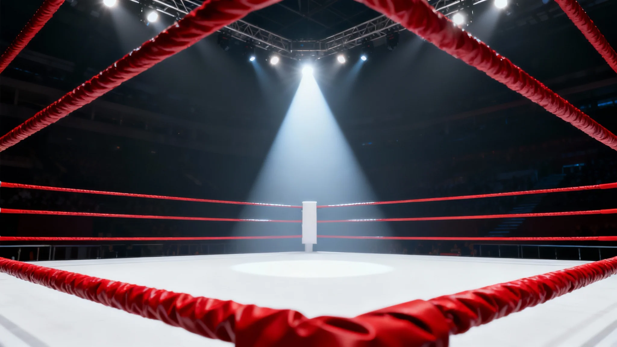 A dramatic, low-angle view of an empty, spotlit professional boxing ring with red ropes, set against a dark, blurry arena background, presented on a clean white backdrop.