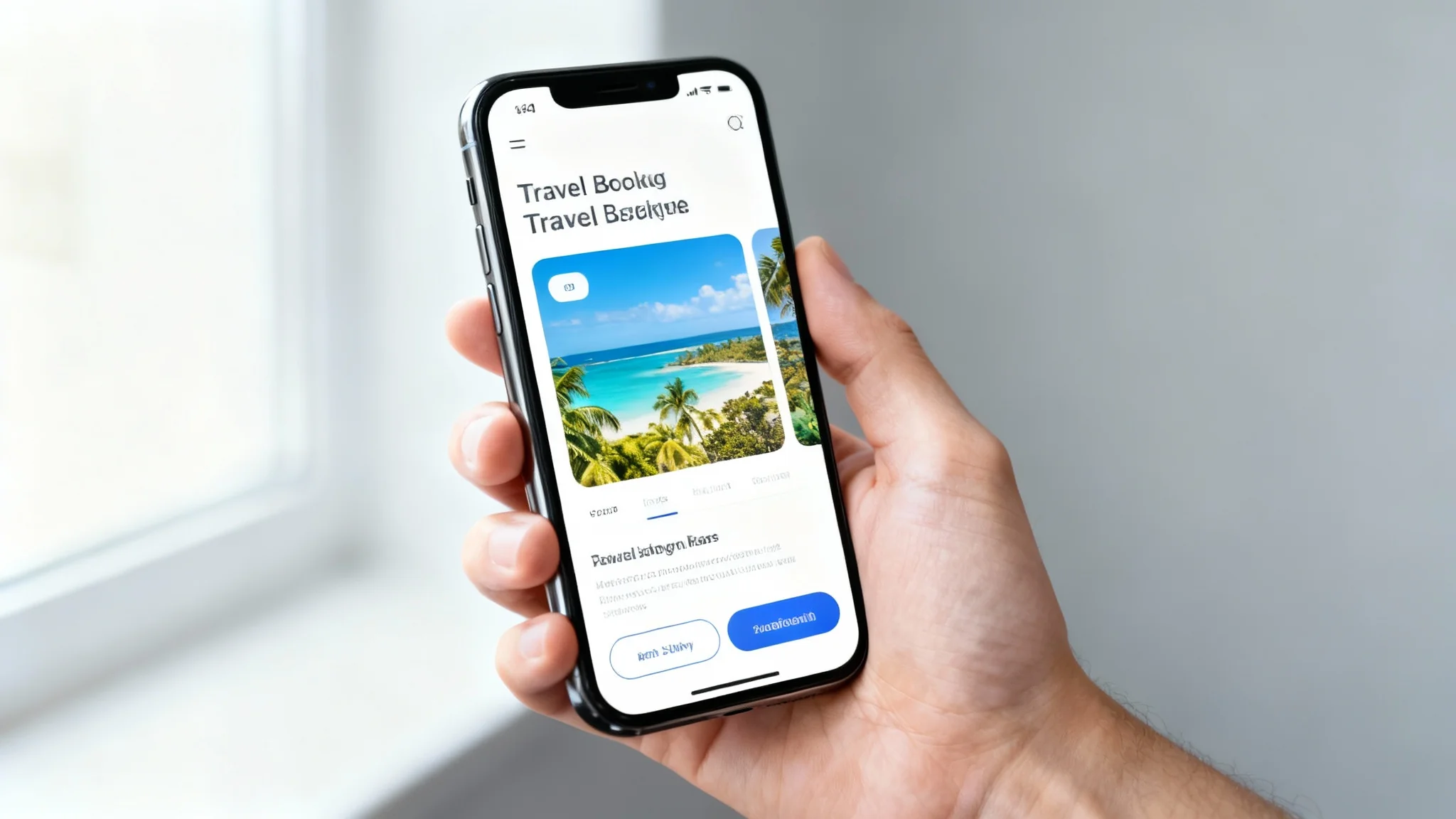 A close-up of a hand holding a smartphone, showcasing a beautifully designed travel app on the screen as a final mockup result.