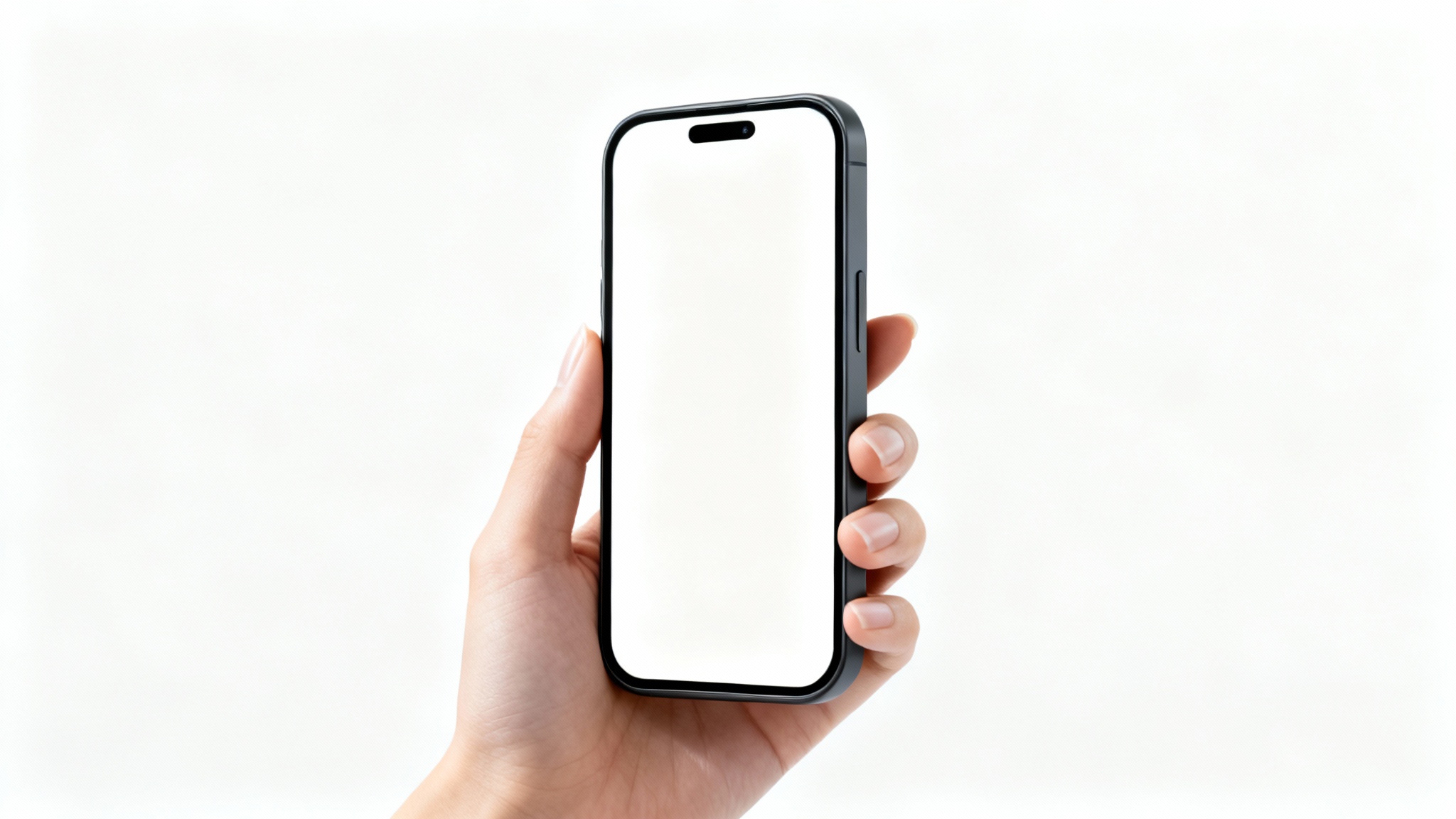 A high-quality mockup image showing a well-manicured hand holding a modern smartphone with a blank screen against a clean white background.