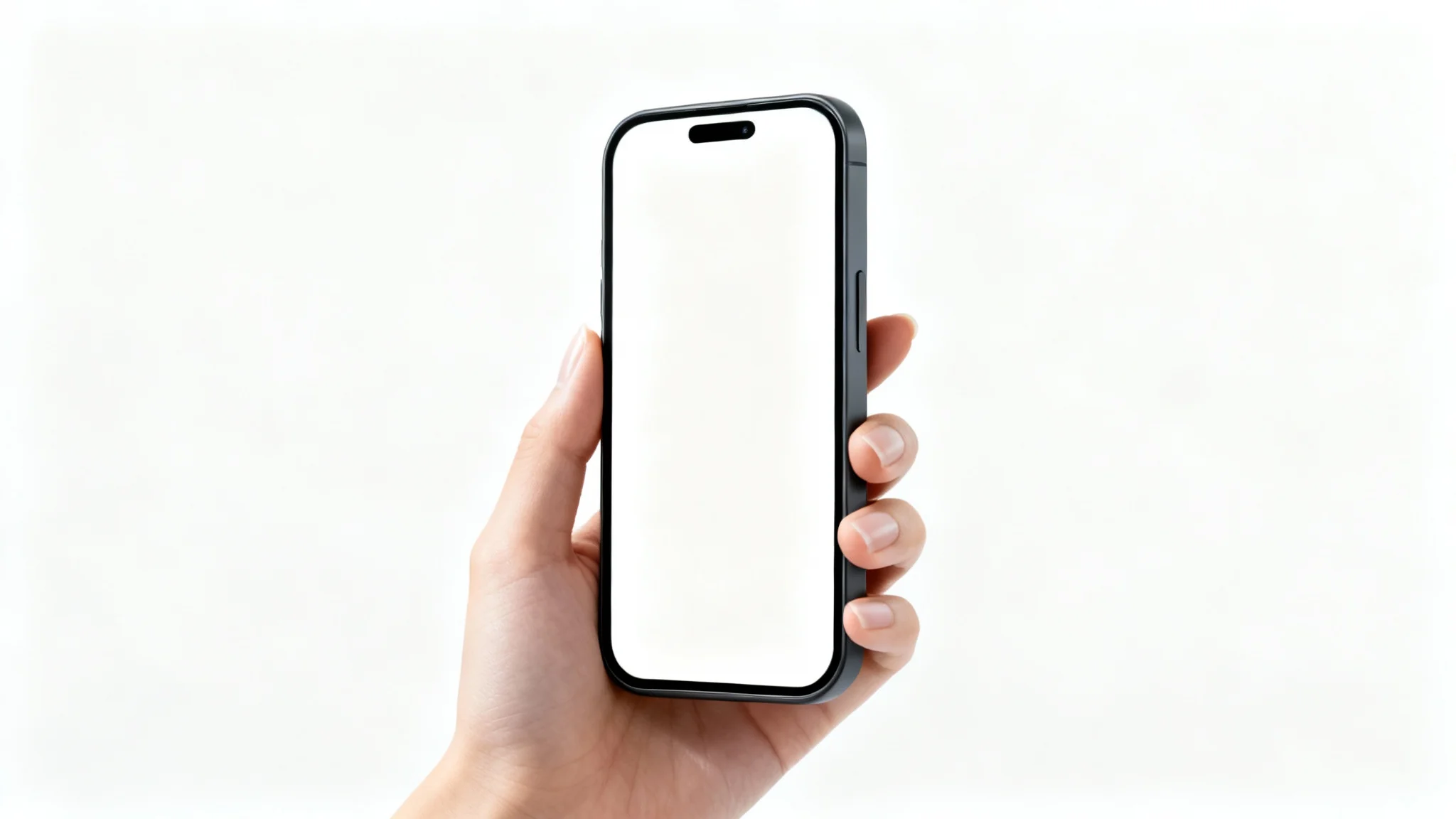 A high-quality mockup image showing a well-manicured hand holding a modern smartphone with a blank screen against a clean white background.