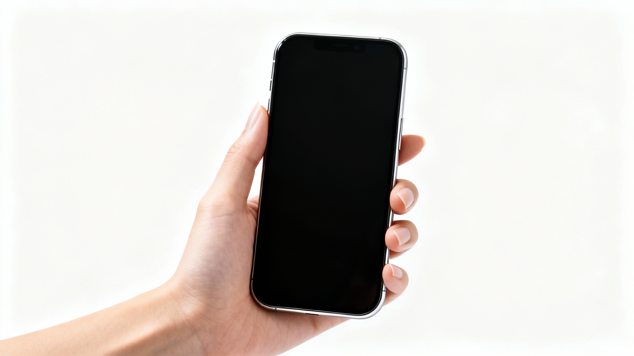 A close-up photorealistic image of a hand holding a modern smartphone with a blank screen against a clean white background, perfect for a mockup.