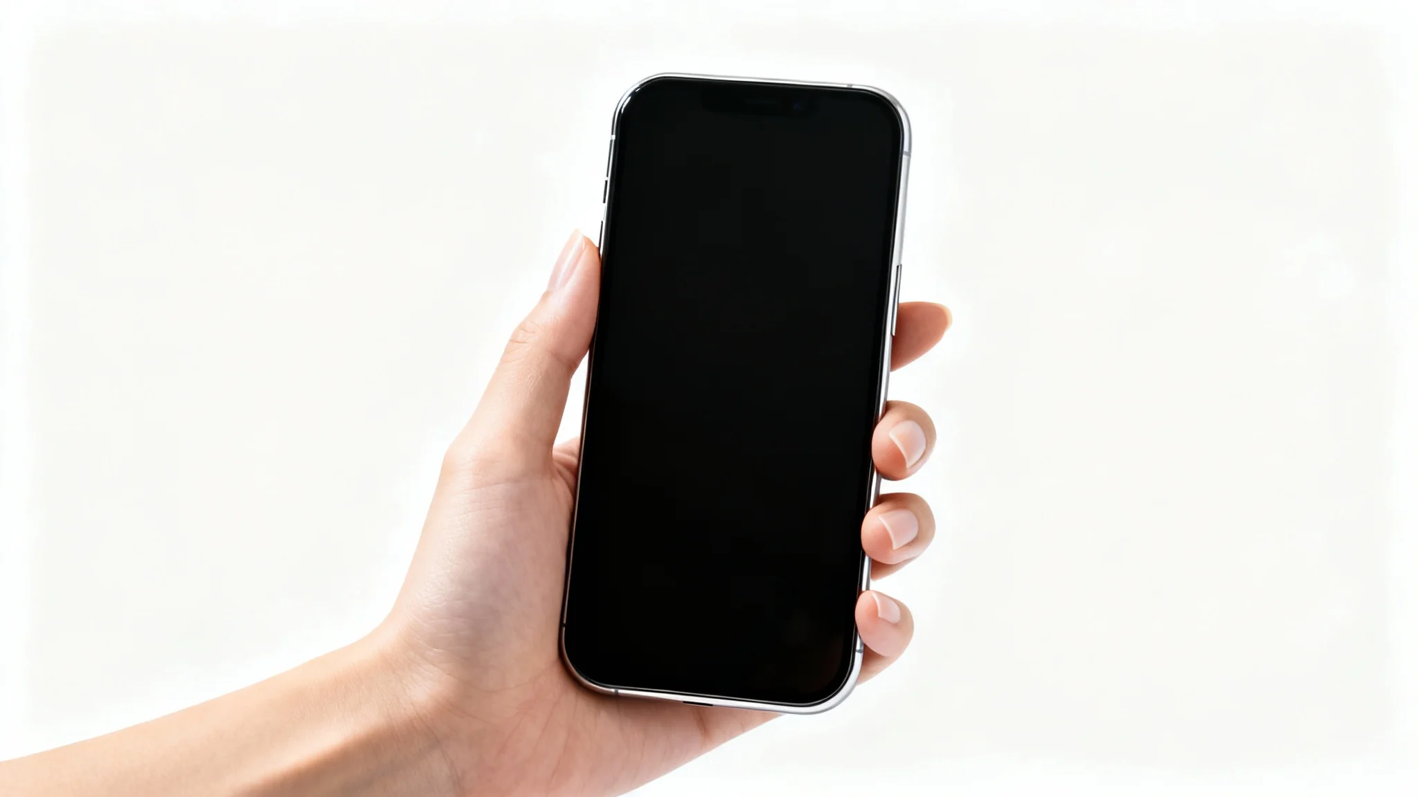 A close-up photorealistic image of a hand holding a modern smartphone with a blank screen against a clean white background, perfect for a mockup.
