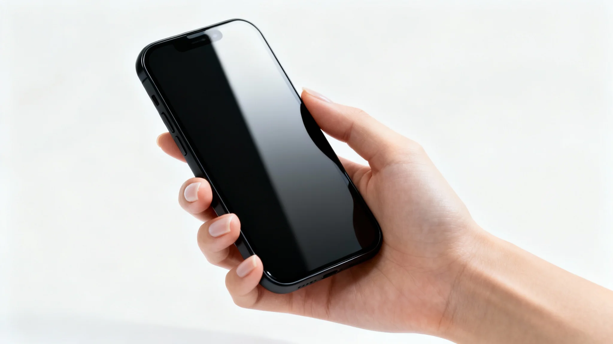 A close-up, photorealistic image of a person's hand holding a modern black smartphone with a blank screen against a solid white background, suitable for a mockup.