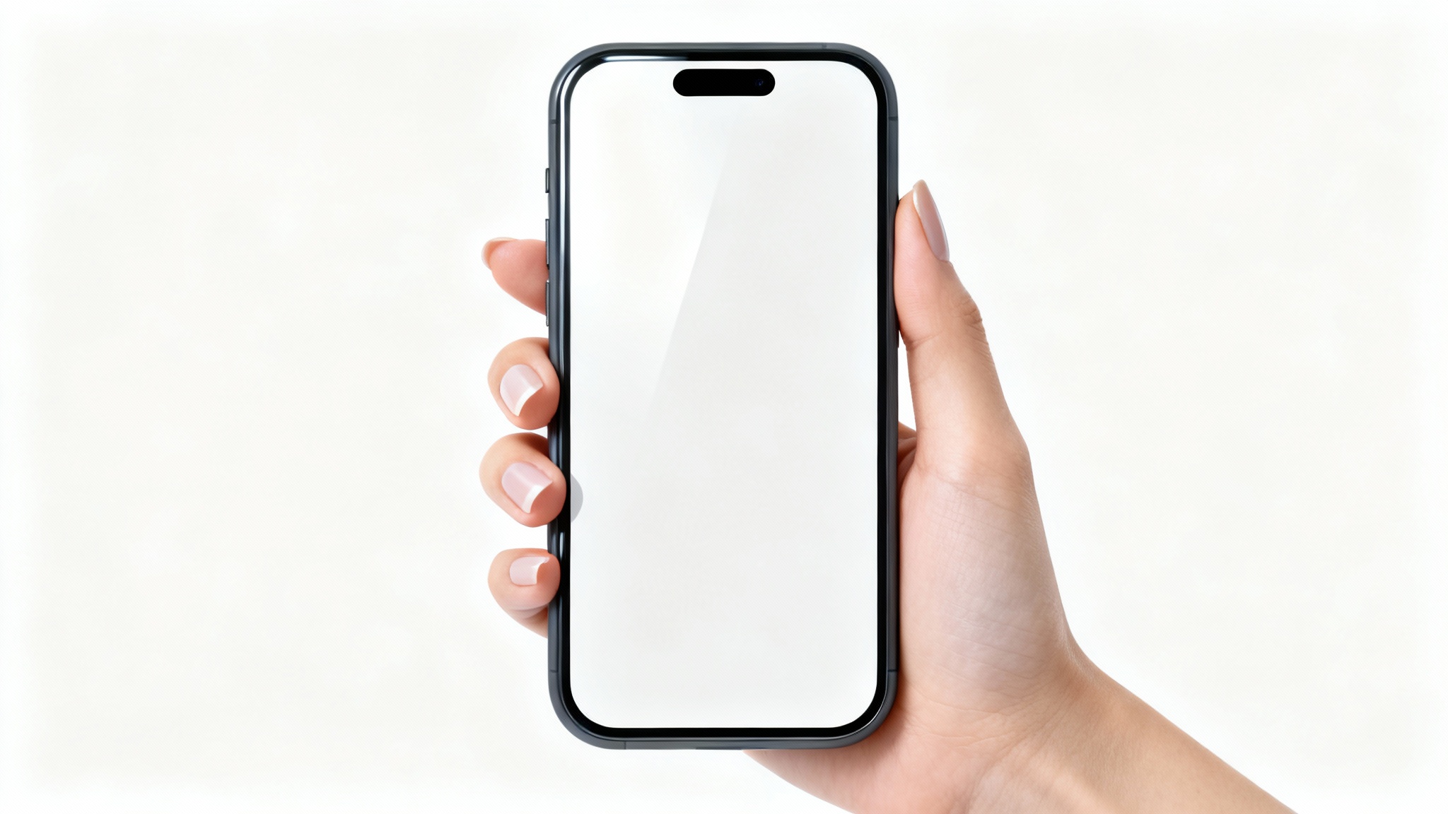 A close-up, photorealistic mockup of a hand holding a modern smartphone with a blank screen against a clean white background.