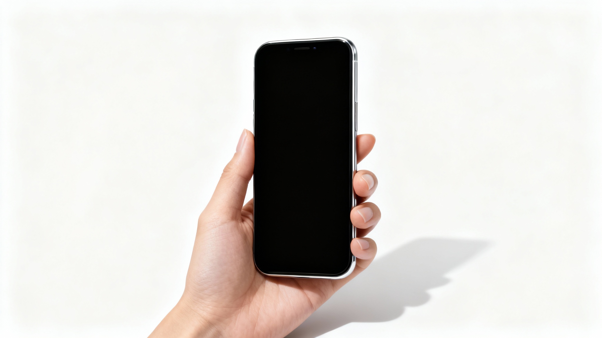 A close-up photo of a person's hand holding a modern smartphone with a blank screen against a clean white background, suitable for a digital mockup.