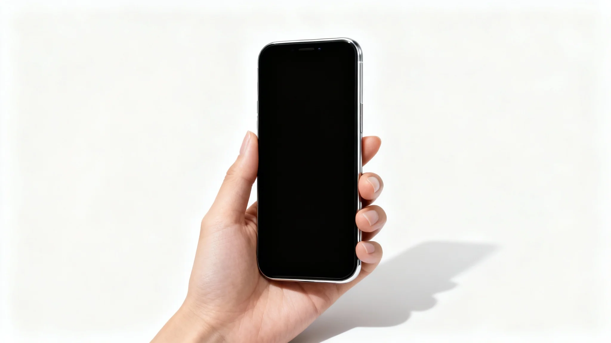 A close-up photo of a person's hand holding a modern smartphone with a blank screen against a clean white background, suitable for a digital mockup.