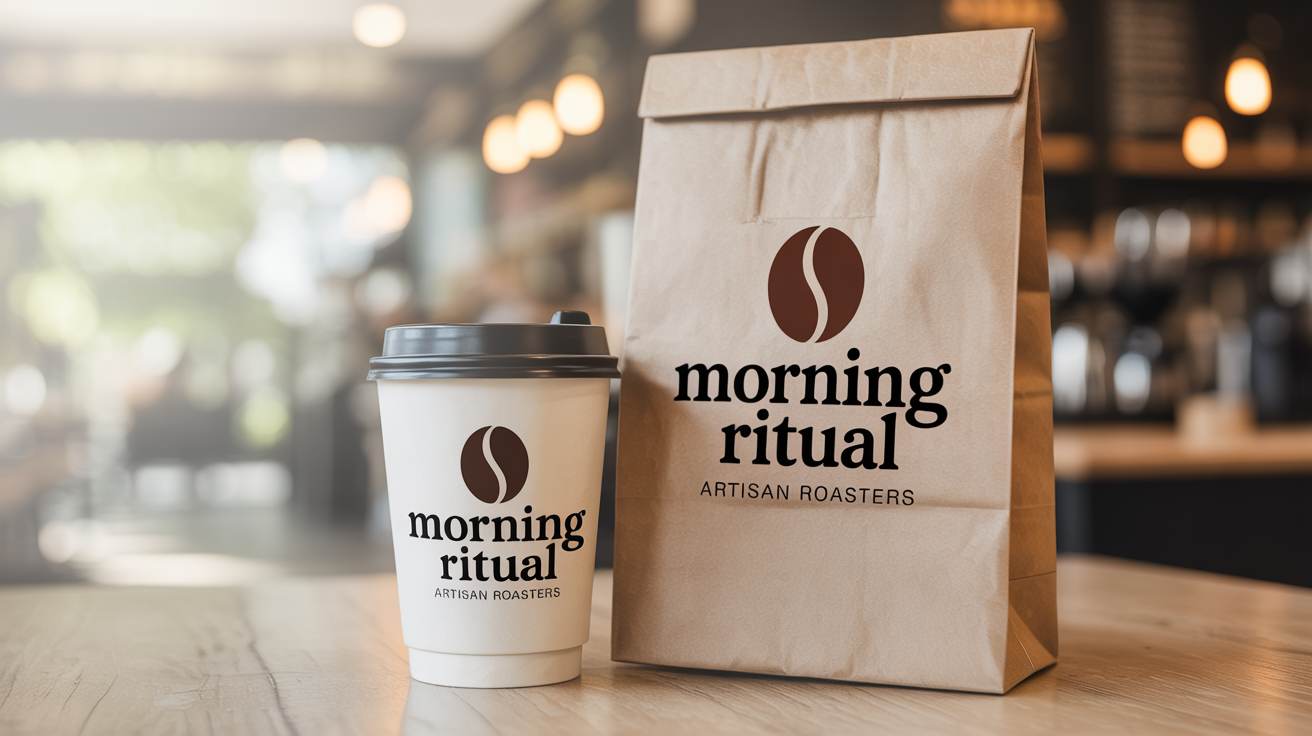 A professionally designed logo for a cafe named 'Morning Ritual', mocked up on a coffee cup and paper bag in a bright cafe setting.