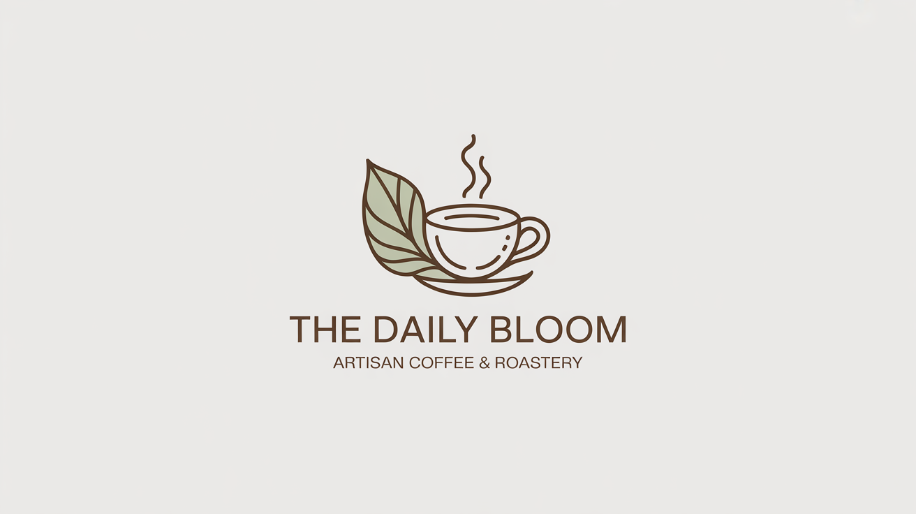 A modern, minimalist logo for a fictional cafe named 'The Daily Bloom', featuring a steaming coffee cup and a leaf design on a white background.