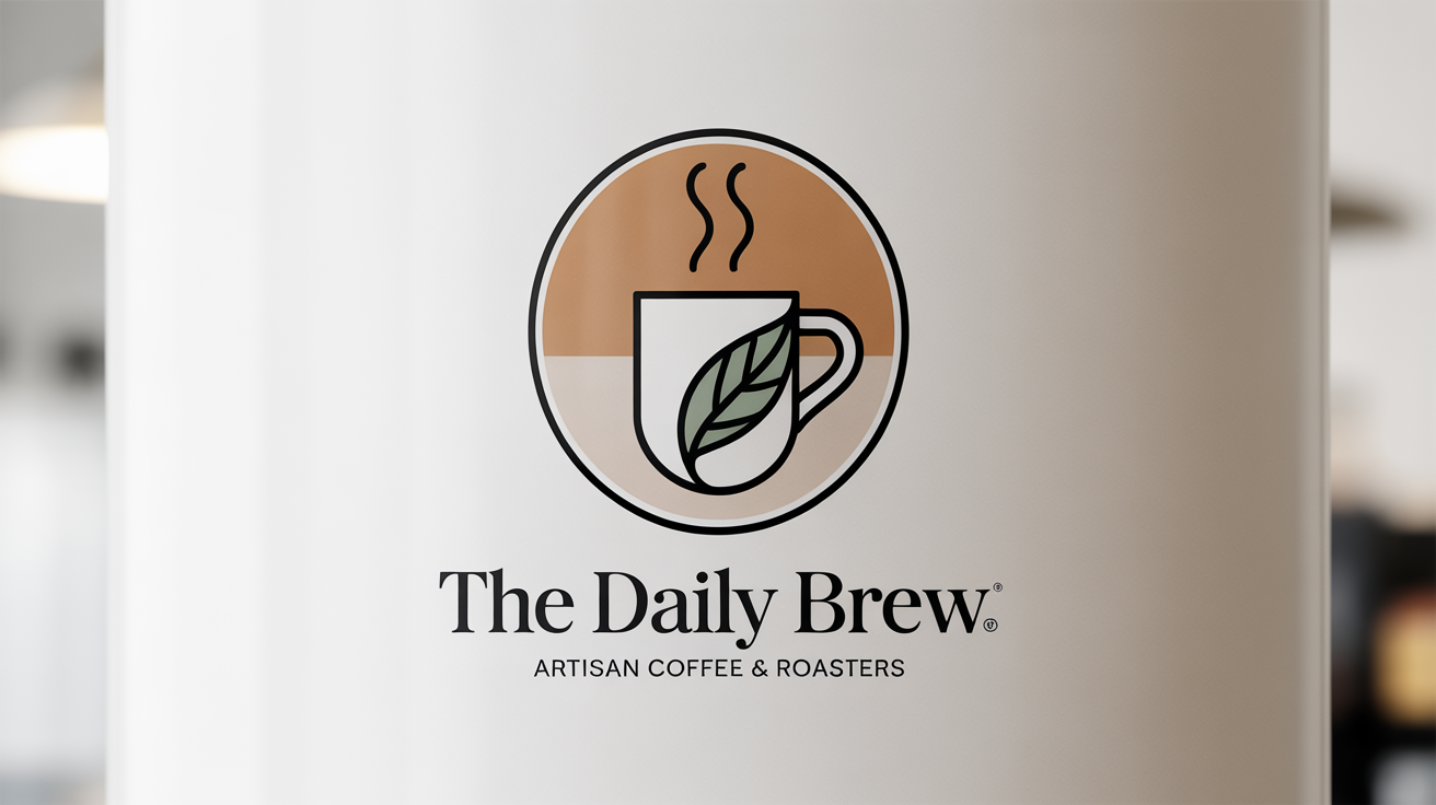 A modern and minimalist logo for a cafe named 'The Daily Brew'. The circular logo features a line art coffee mug and leaf in earthy tones, with the business name and tagline 'Artisan Coffee & Roasters' underneath, all set against a white background.
