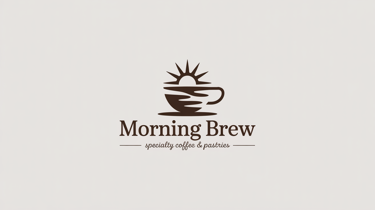 A minimalist, modern logo for a cafe named 'Morning Brew', featuring a sun and coffee cup icon. The tagline reads 'Specialty Coffee & Pastries'. The logo is set against a plain white background.
