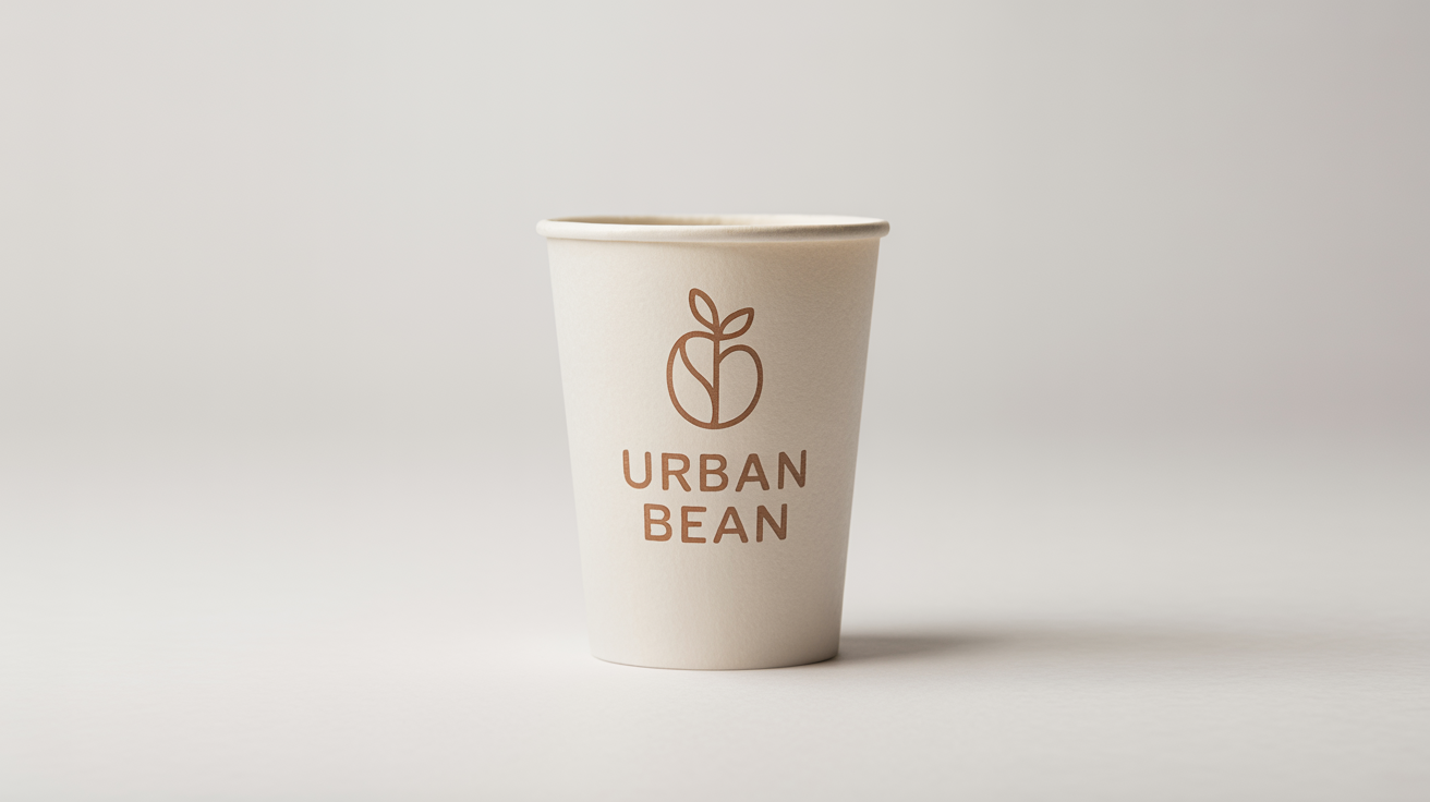 A modern cafe logo mockup for 'URBAN BEAN', featuring a copper foil design on a white paper coffee cup against a white background.