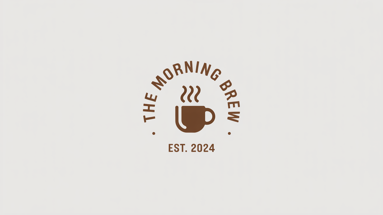 A modern, circular logo for a cafe named 'The Morning Brew', presented as a mockup on a white background. The logo is dark brown and features a steaming coffee mug icon.