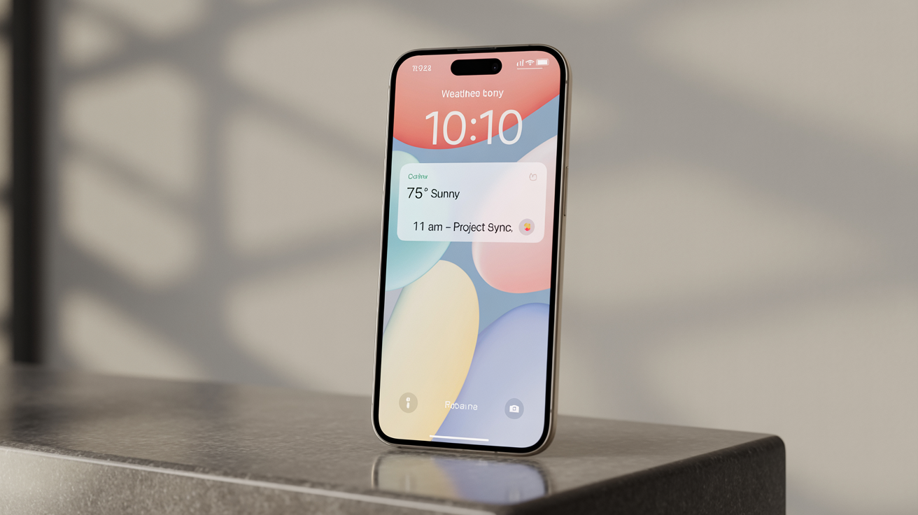 A close-up of a modern smartphone displaying a custom lock screen with a vibrant abstract pastel wallpaper, the time '10:10', and widgets for weather and a calendar event.