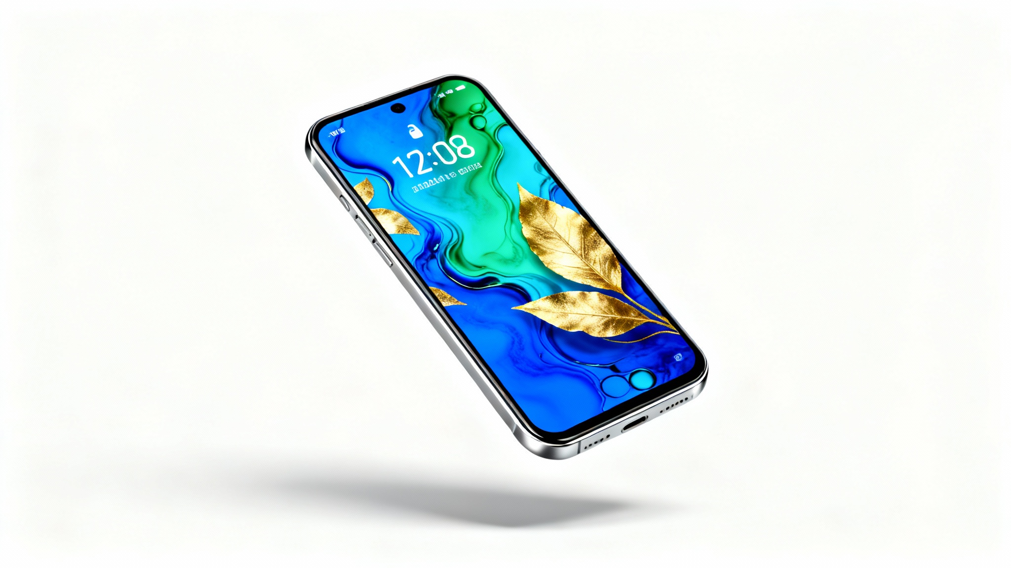 A photorealistic mockup of a modern smartphone displaying an elegant, abstract liquid ink wallpaper in blue, green, and gold on its lock screen, against a clean white background.