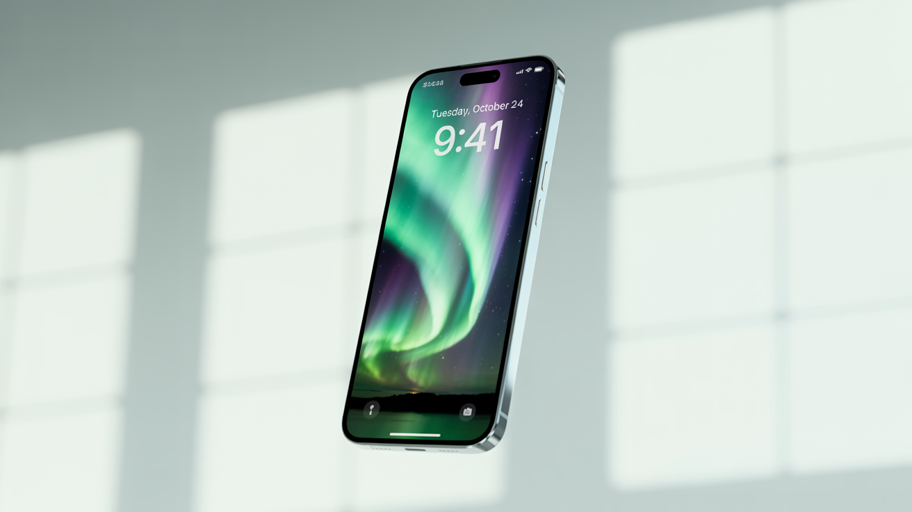 A photorealistic mockup of a modern smartphone on a white background, displaying a beautiful aurora borealis lock screen wallpaper. The time on the screen reads '9:41' and the date is 'Tuesday, October 24'.