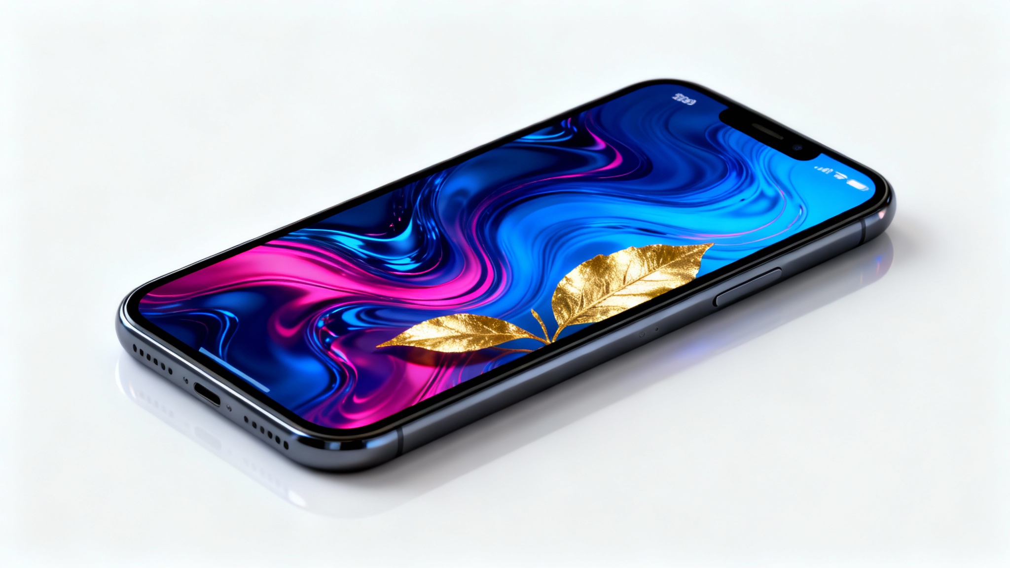 A close-up, photorealistic image of a modern smartphone showcasing a vibrant lock screen wallpaper with blue, magenta, and gold abstract swirls, against a solid white background.